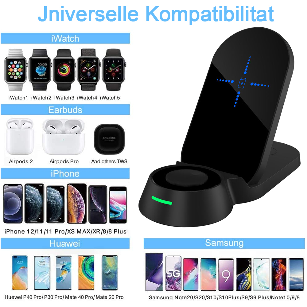 Das Bild zeigt einen schwarzen kabellosen Ladeständer mit Kompatibilität für mehrere aufgelistete Geräte.
