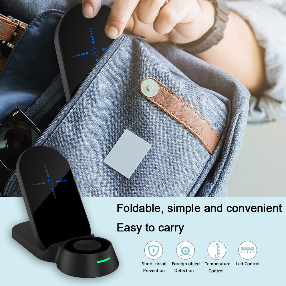 Das Bild zeigt einen schwarzen kabellosen Ladeständer in einer Tasche mit einer Beschreibung seiner Funktionen.