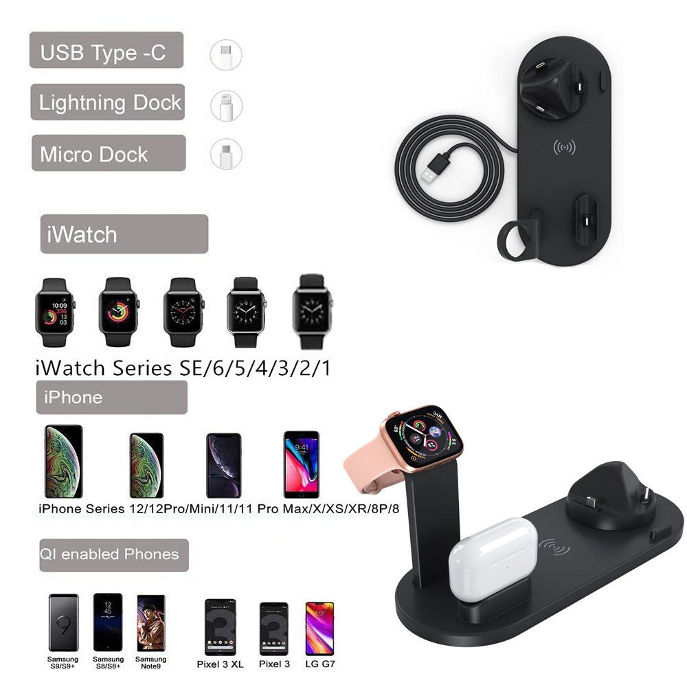 Ein Leitfaden zur Kompatibilität von Ladestationen mit USB-C-, Lightning-, Micro-Dock- und iWatch-Anschlüssen sowie Telefonmodellen.