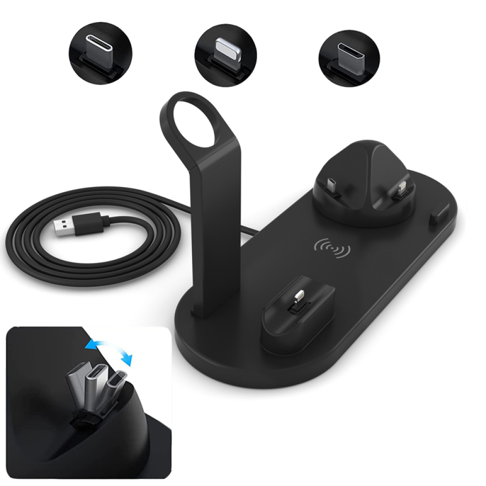 Eine schwarze Ladestation mit USB Typ-C-, Lightning Dock- und Micro Dock-Anschlüssen mit einem aufgerollten Kabel.