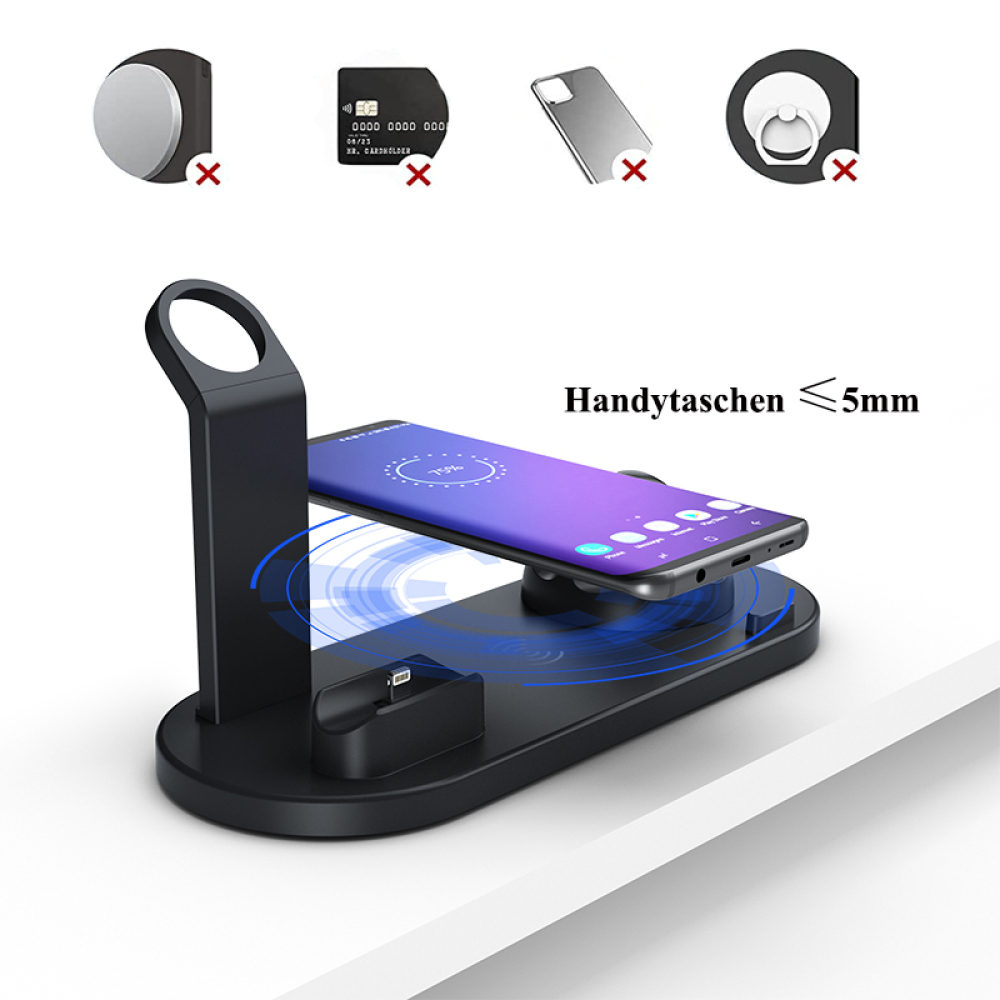 Eine Ladestation mit einem Telefon, die drahtloses Laden zeigt. Der Text "Handytaschen ≤ 5mm" ist sichtbar.
