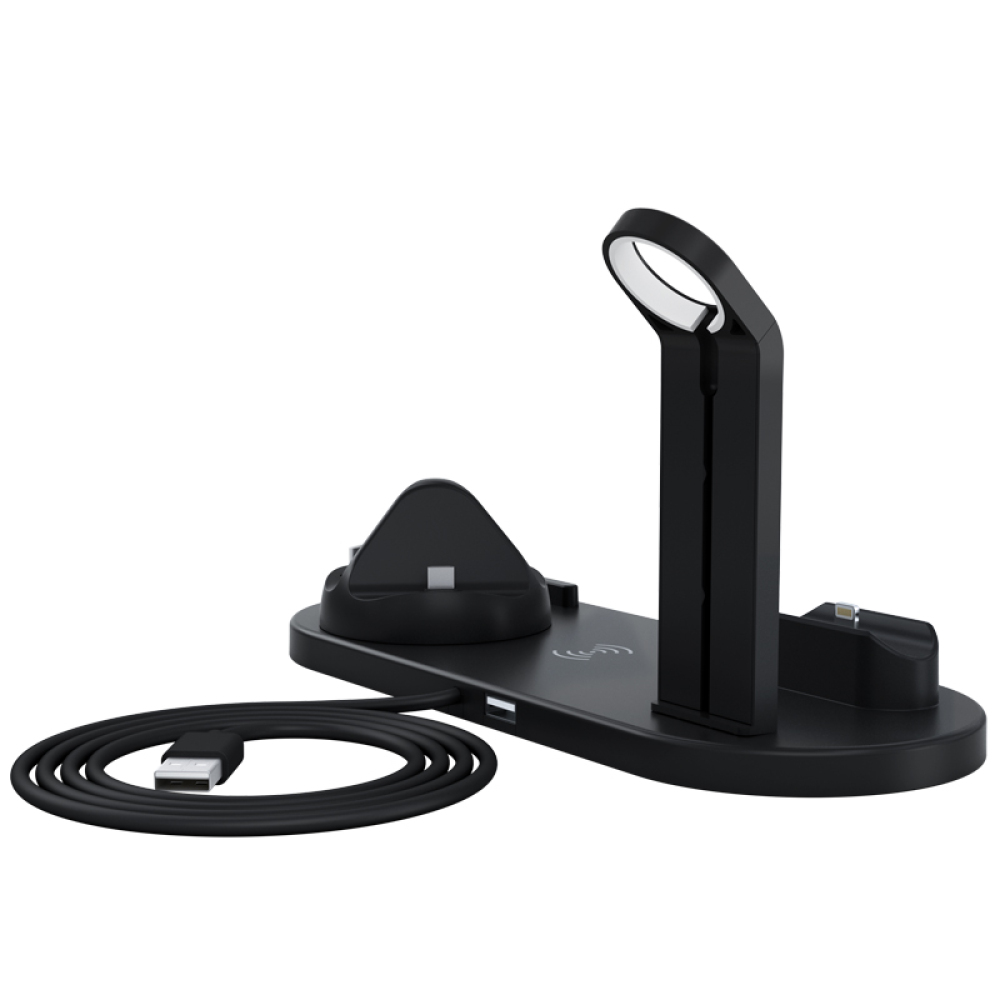 Eine schwarze Ladestation mit einem aufgerollten Kabel auf weißem Hintergrund, die ihr Design zeigt.