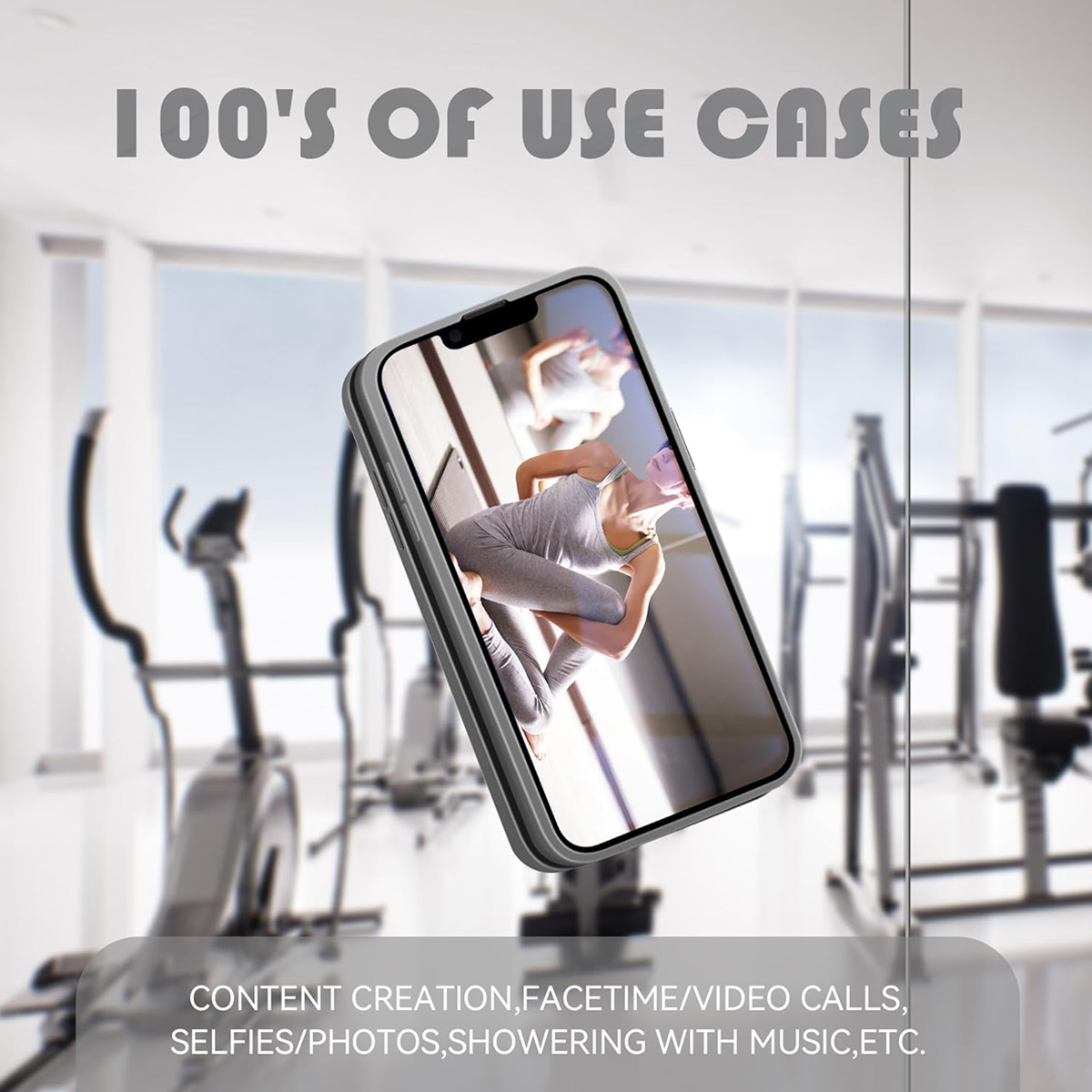 Eine Handyhülle wird in verschiedenen Szenarien gezeigt, darunter Inhaltserstellung, Anrufe und Selfies in einer Fitnessstudio-Umgebung.