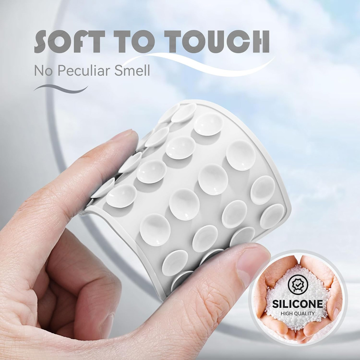 Nahaufnahme einer Hand, die eine flexible Handyhülle mit weißen Saugnäpfen und dem Slogan "Soft to touch" hält.