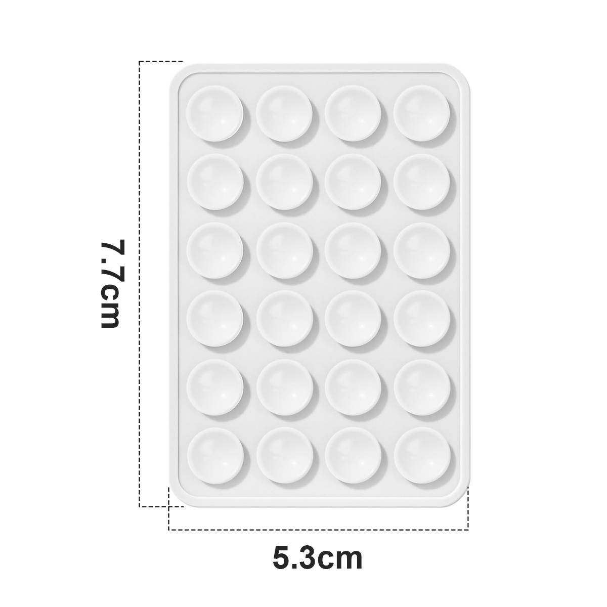 Ein rechteckiges Pad mit weißen Saugnäpfen wird mit den Abmessungen 7,7 cm x 5,3 cm angezeigt.