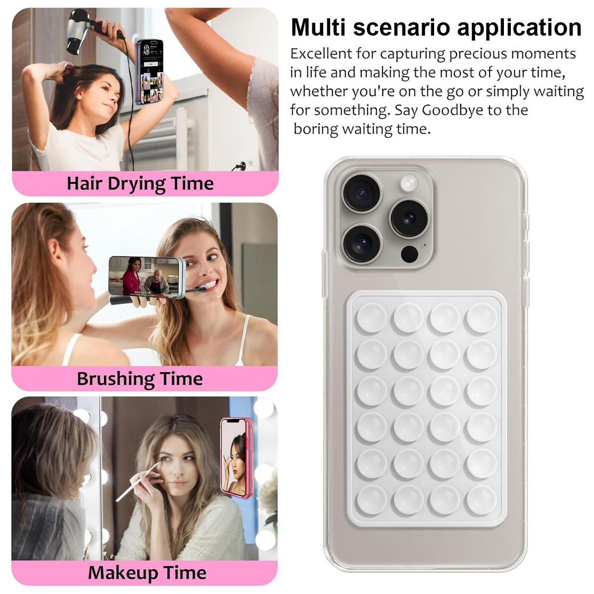 Handyhülle mit Saugnäpfen, gezeigt in Szenarien wie Haartrocknen, Zähneputzen und Auftragen von Make-up.