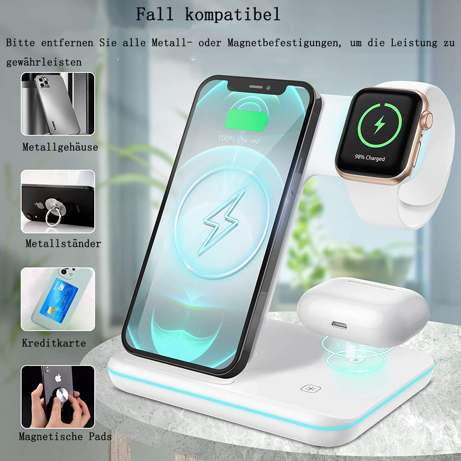 Die Ladestation mit Telefon, Uhr und Kopfhörerhülle, mit Beispielen für kompatible Hüllen.