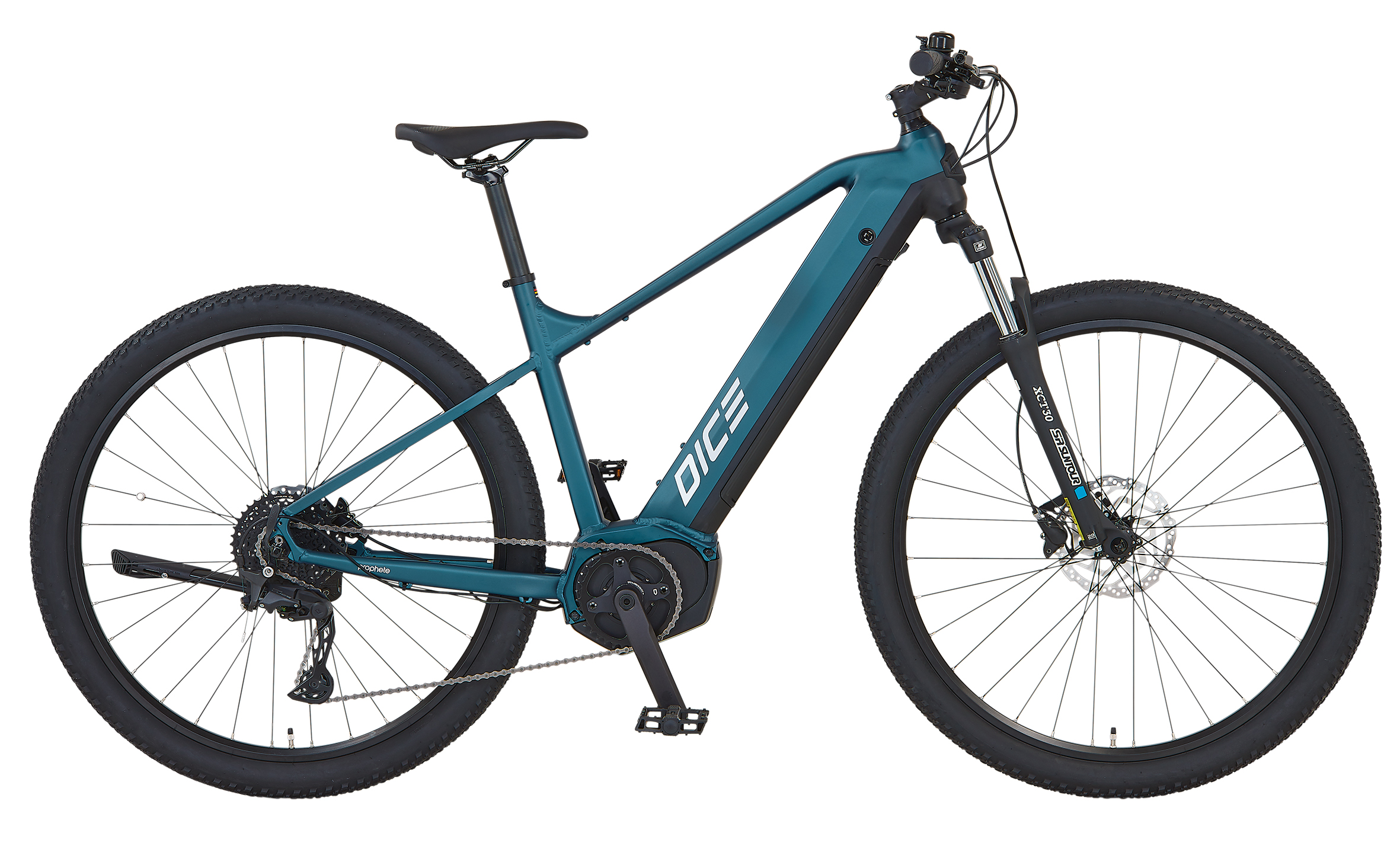 Ein blaugrünes Dice E-Bike mit schwarzen Reifen, Pedalen und Sitz vor einem weißen Hintergrund.