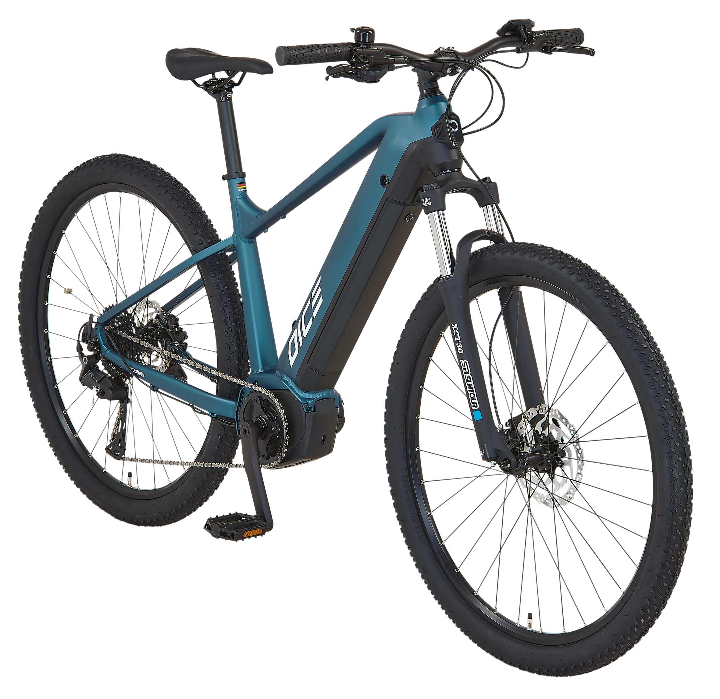 Ein blaugrünes Dice E-Bike mit schwarzen Reifen, Pedalen und Sitz vor einem weißen Hintergrund.