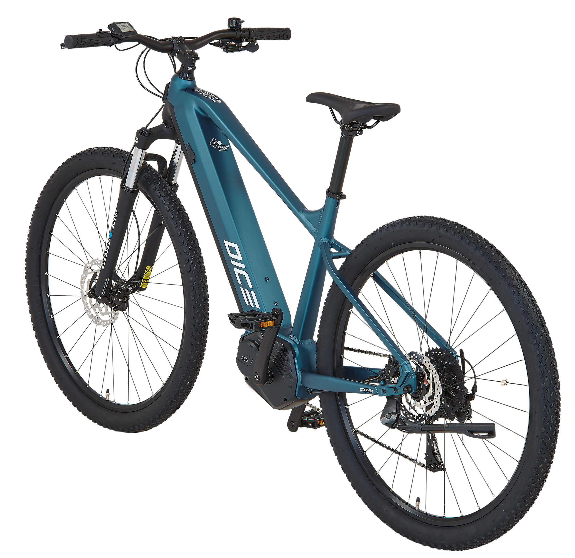 Ein blaugrünes Dice E-Bike mit schwarzen Reifen, Pedalen und Sitz vor einem weißen Hintergrund.