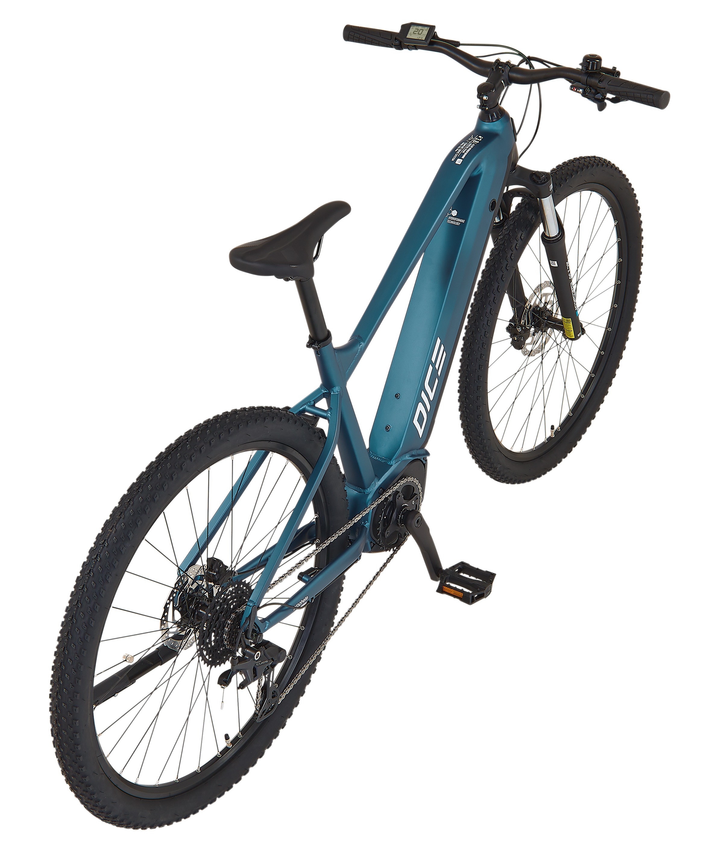 Ein blaugrünes Dice E-Bike mit schwarzen Reifen, Pedalen und Sitz vor einem weißen Hintergrund.