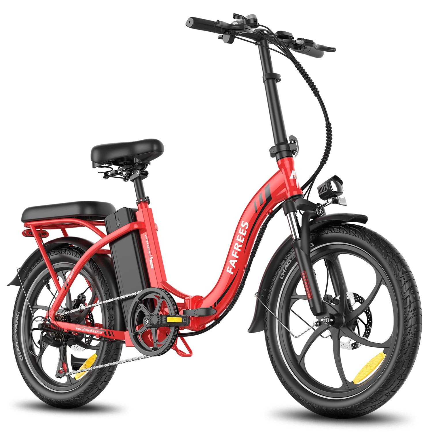Bicicletta elettrica pieghevole rossa su sfondo bianco, vista angolata. Mostra la vista frontale e il profilo laterale.