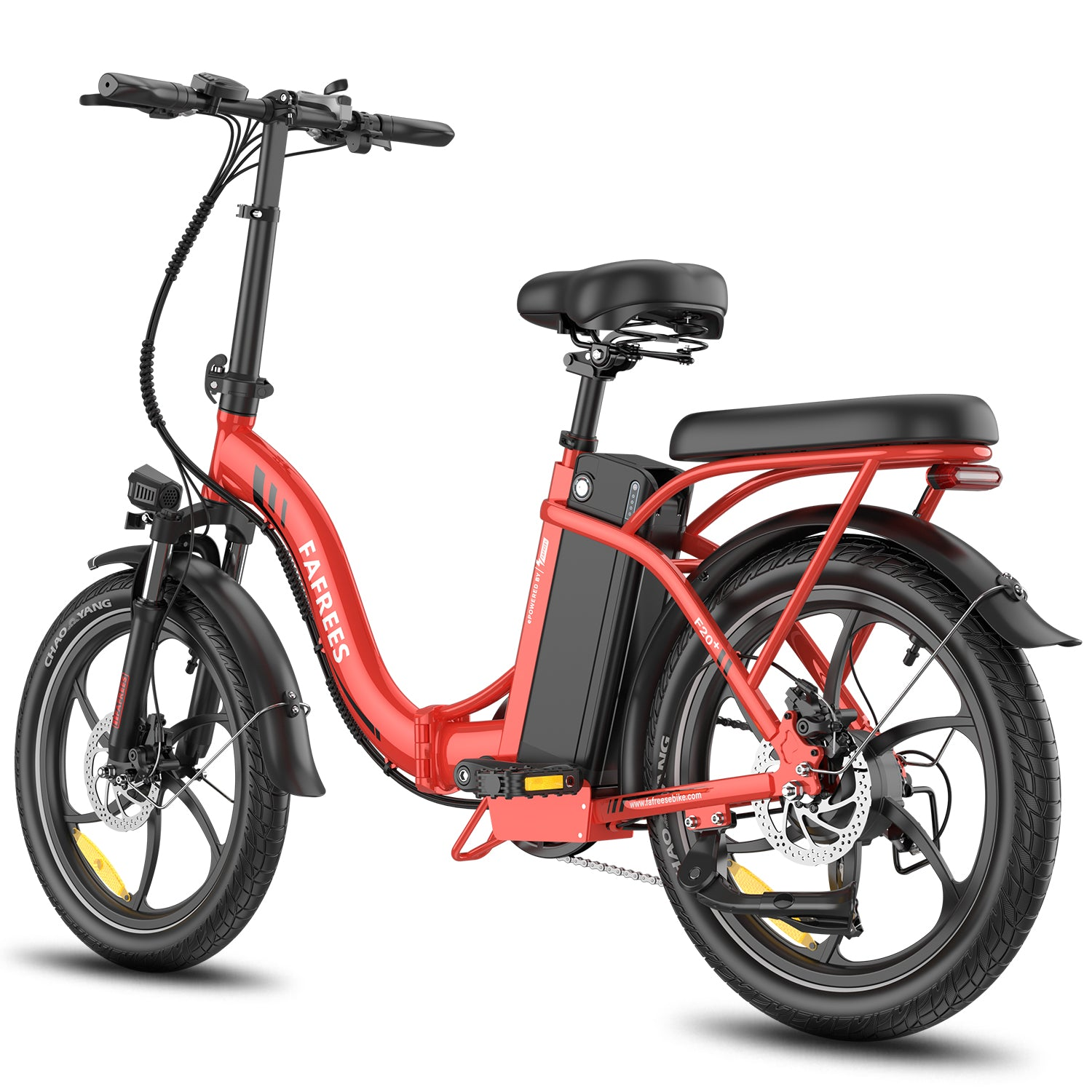 Bicicletta elettrica pieghevole rossa su sfondo bianco, vista laterale. Mostra il profilo laterale, la batteria e il sedile nero.