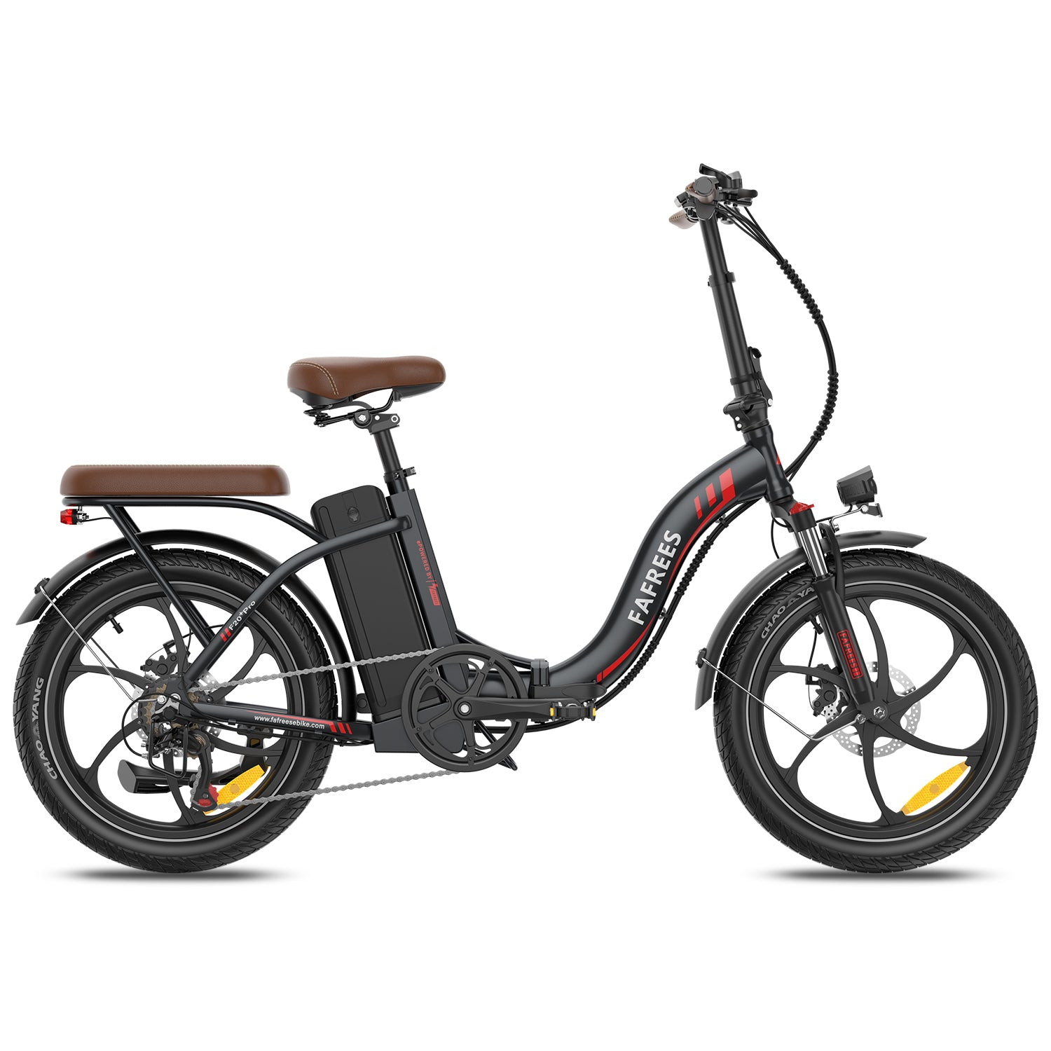 Ein graues Fafrees E-Bike hat braune Sitze und Reifen, mit einem roten Streifen am Rahmen.