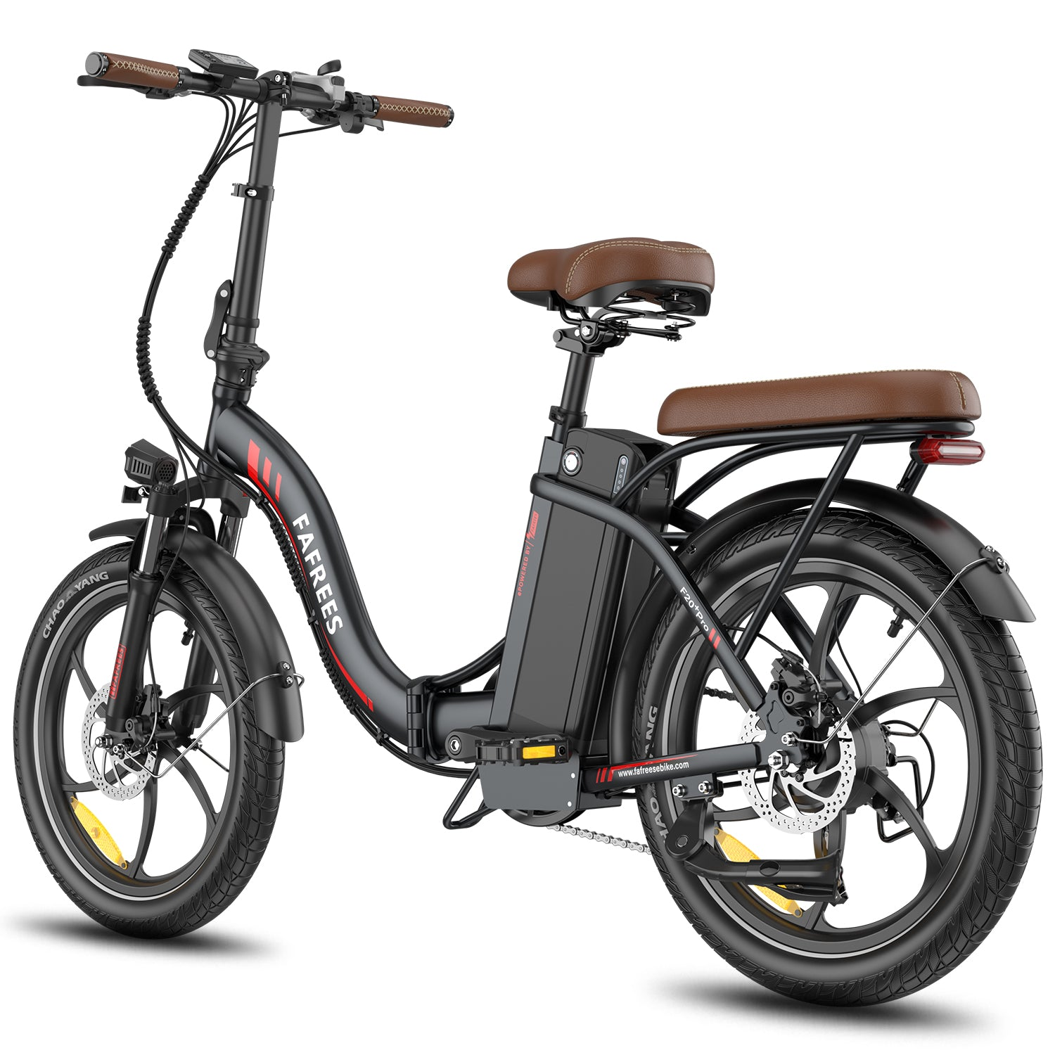 Ein graues Fafrees E-Bike hat braune Sitze und Reifen sowie einen Gepäckträger.