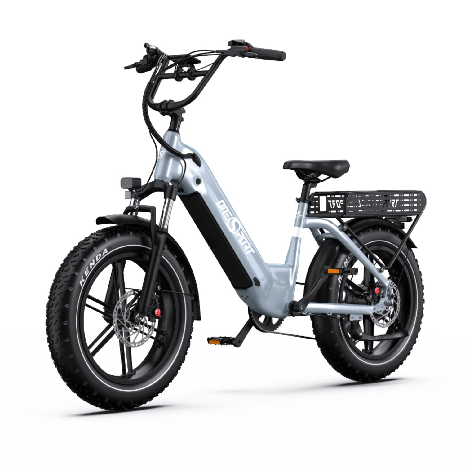 La imagen muestra una bicicleta eléctrica azul claro con neumáticos negros, manillar y una cesta trasera sobre un fondo blanco.