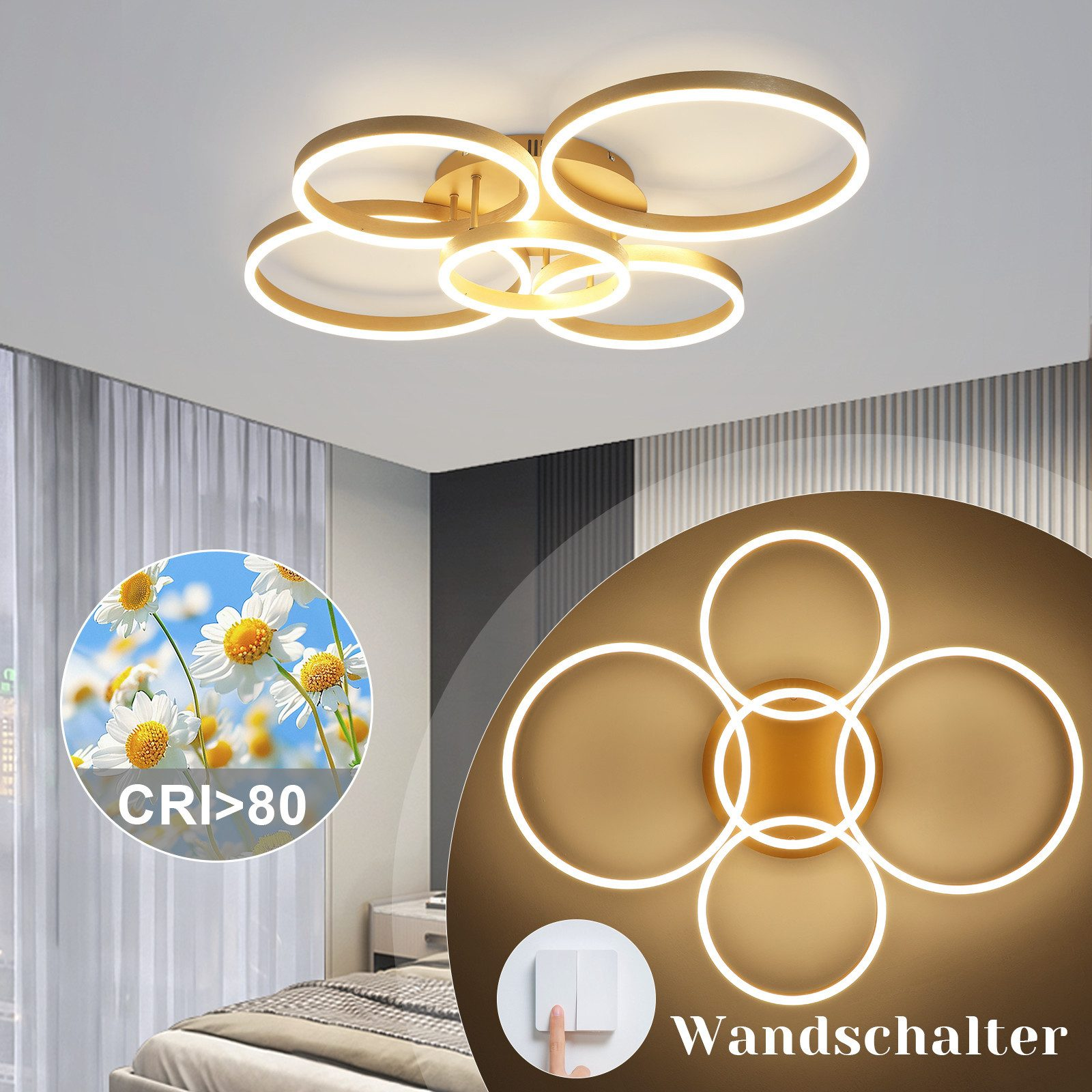 Zdjęcie przedstawia złotą lampę sufitową z pierścieniami LED, podkreślając cechy takie jak CRI<gt/>80 i sterowanie przełącznikiem ściennym.