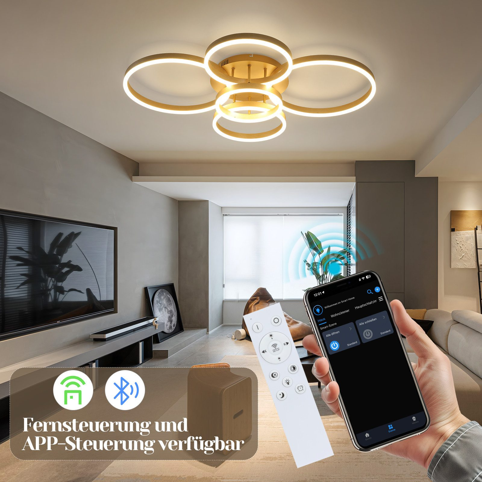 Zdjęcie przedstawia złotą lampę sufitową z pierścieniami LED, podkreślając cechy takie jak pilot i sterowanie aplikacją.