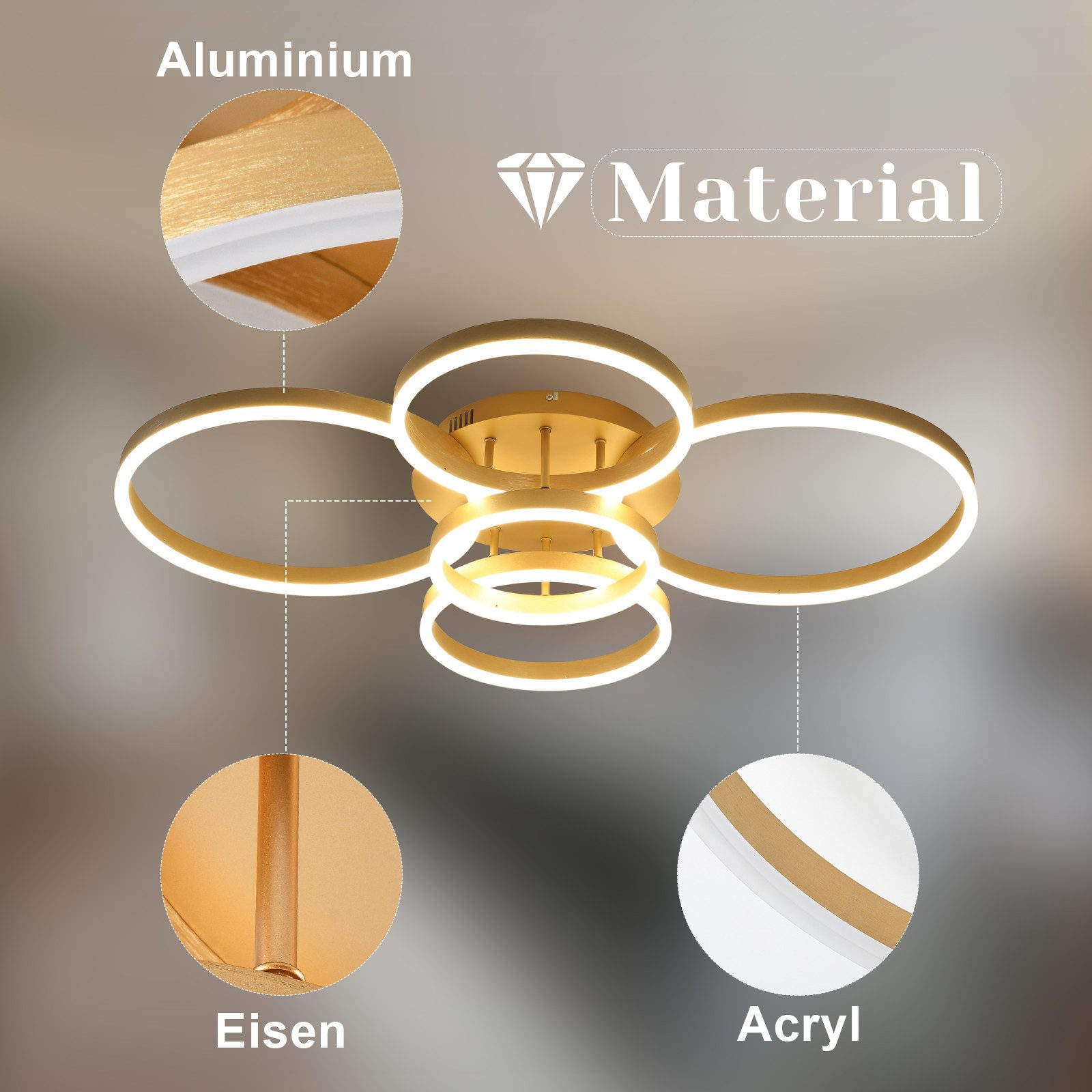 Zdjęcie przedstawia złotą lampę sufitową z pierścieniami LED, podkreślając materiały takie jak aluminium, żelazo i akryl.