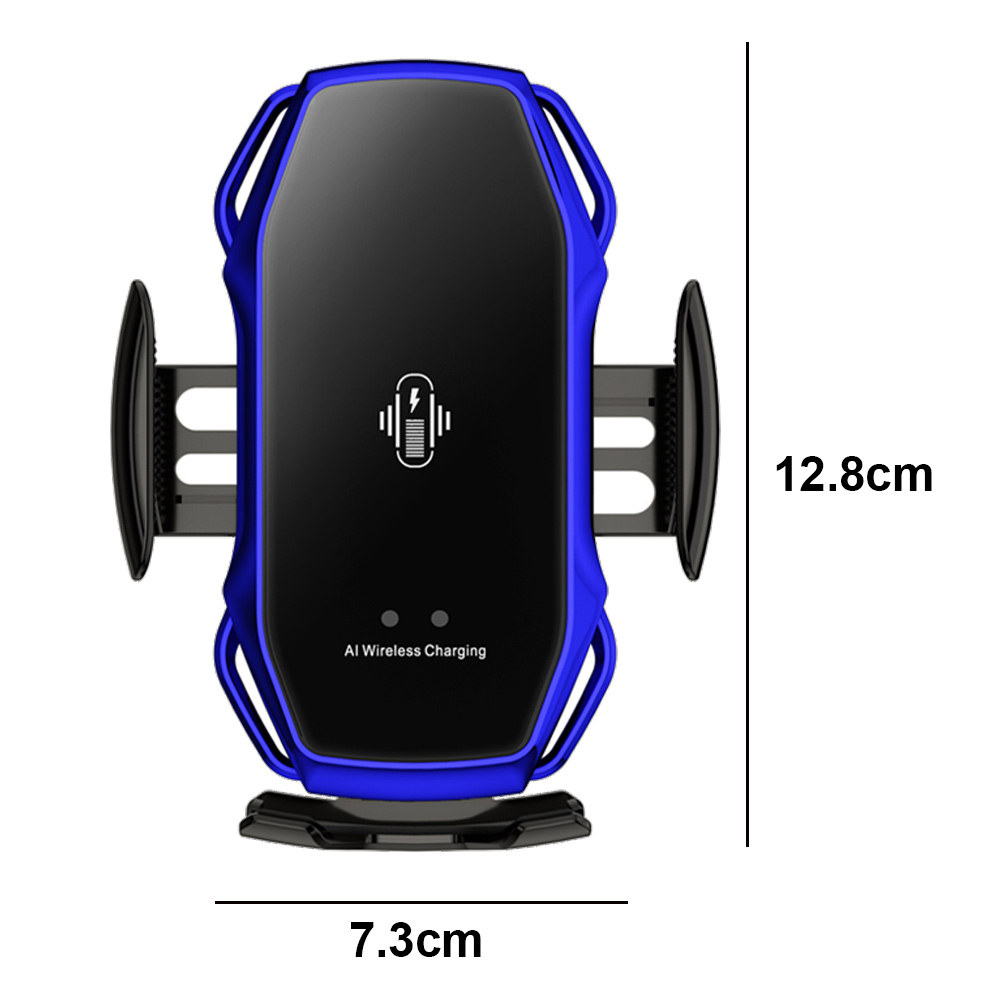 Eine blaue und schwarze kabellose Autohalterung mit Abmessungen von 12,8 cm Höhe und 7,3 cm Breite.