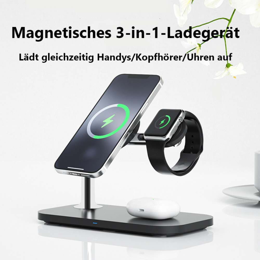 Ein Telefon und eine Uhr laden auf einem schwarzen und silbernen Ständer mit einem weißen Ohrhörergehäuse darunter.