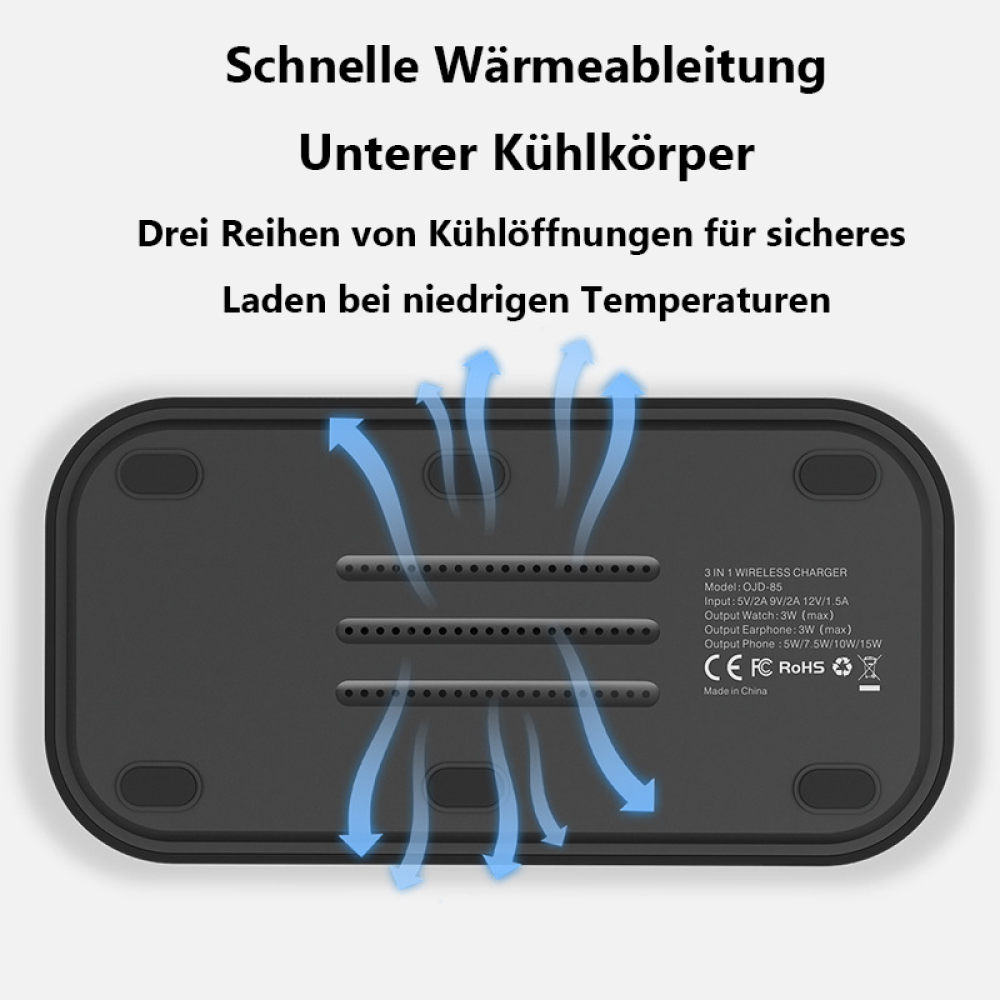 Ein schwarzes kabelloses Ladegerät verfügt über Kühlöffnungen und Pfeile, die den Luftstrom zur Wärmeableitung anzeigen.