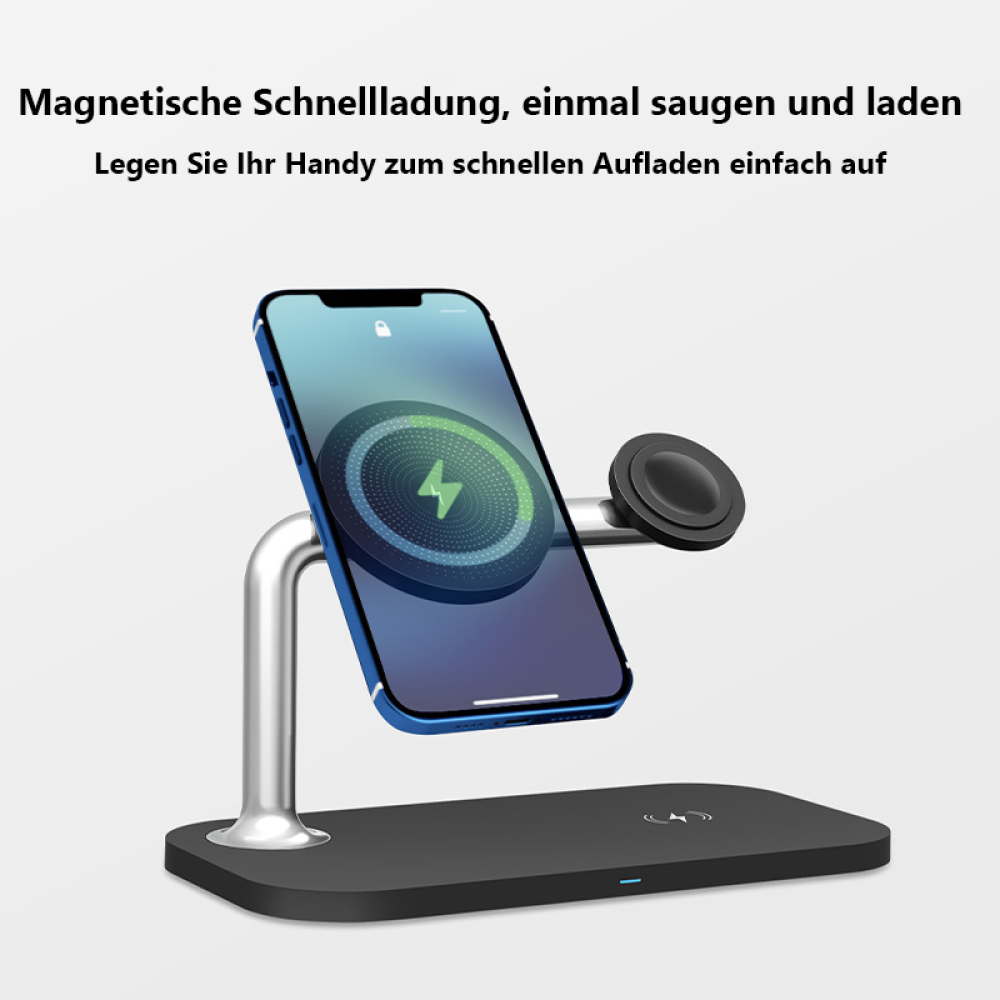 Ein Telefon und eine Uhr laden auf einem schwarzen und silbernen Ständer vor einem weißen Hintergrund.