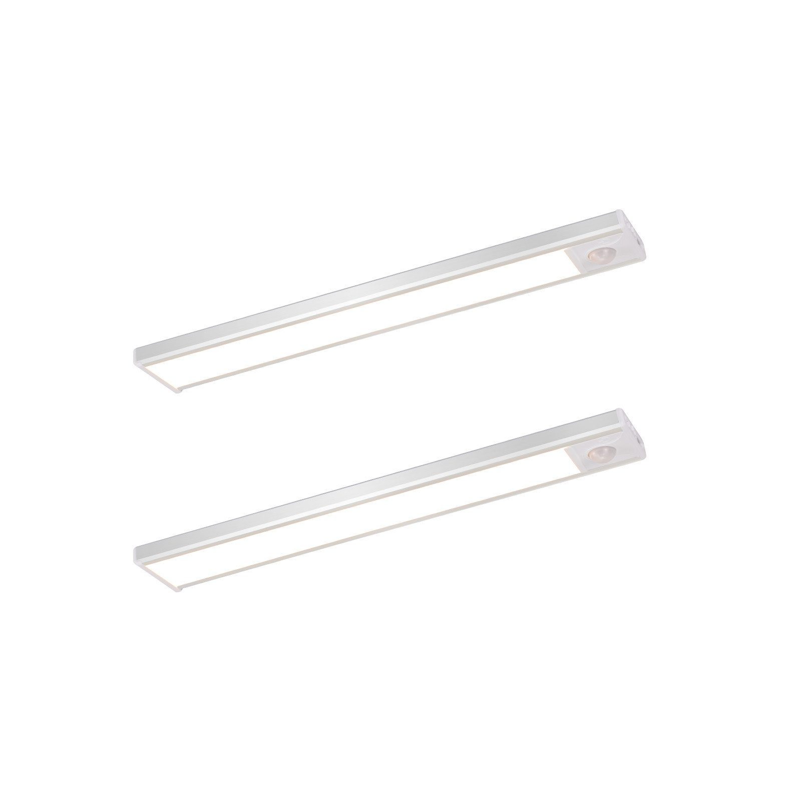 Due strisce luminose a LED bianche con sensori di movimento, angolate su uno sfondo bianco.