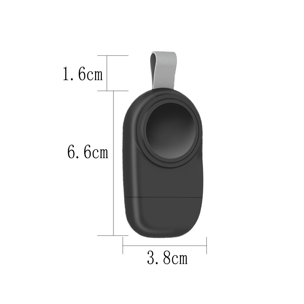 Schwarzes USB-Gerät zum Aufladen einer Apple Watch mit auf dem Bild angegebenen Abmessungen.