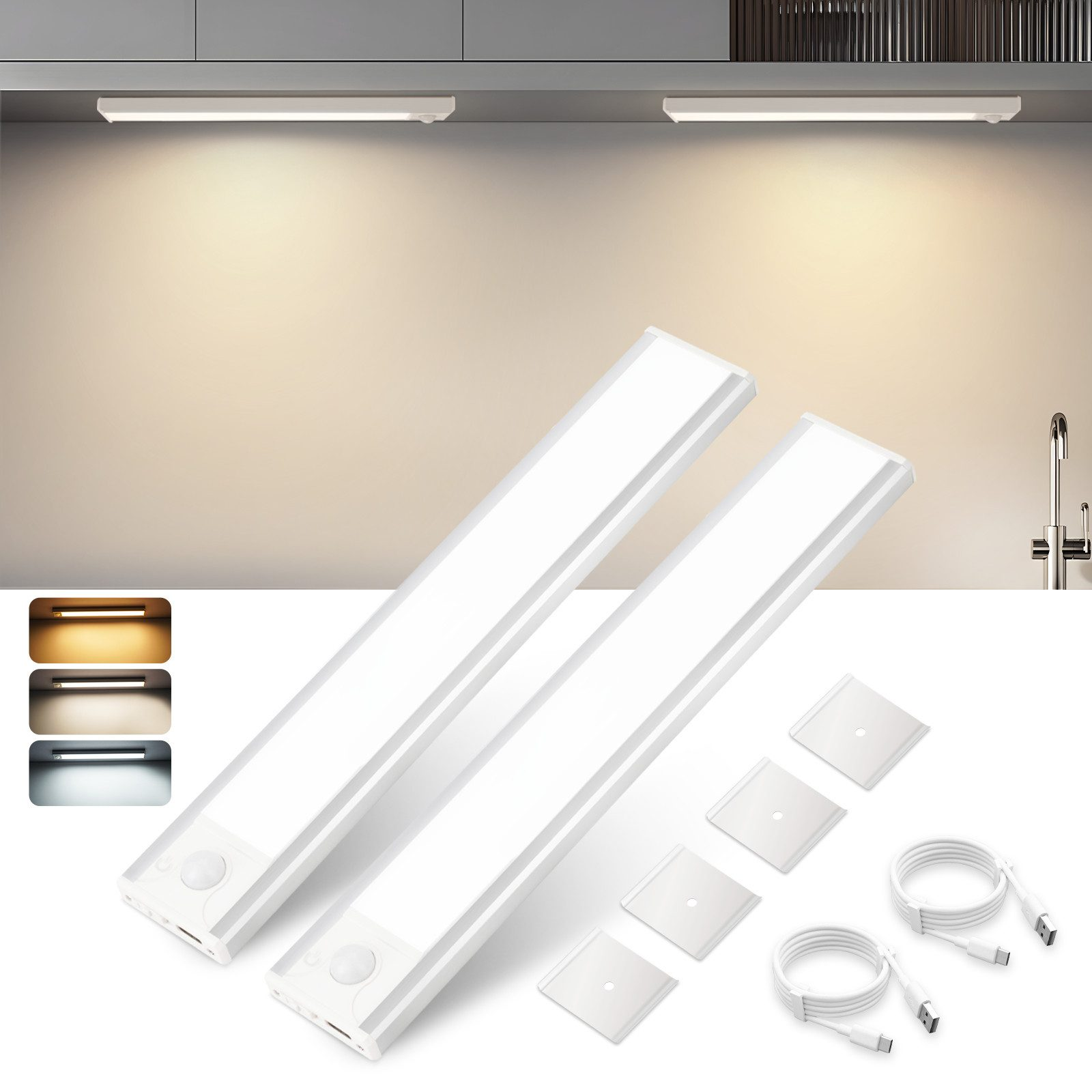 Due strisce luminose a LED con accessori, tra cui cavi USB e cuscinetti adesivi, esposte in un ambiente cucina.