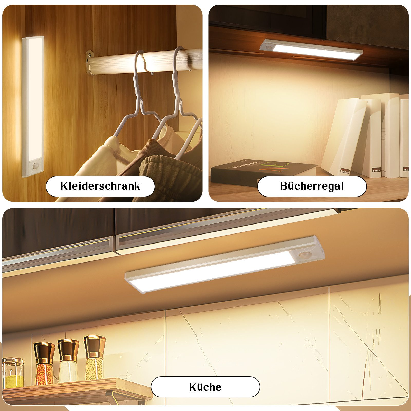 Tre scene mostrano una striscia luminosa a LED bianca in un armadio, su una libreria e sotto un mobile da cucina.