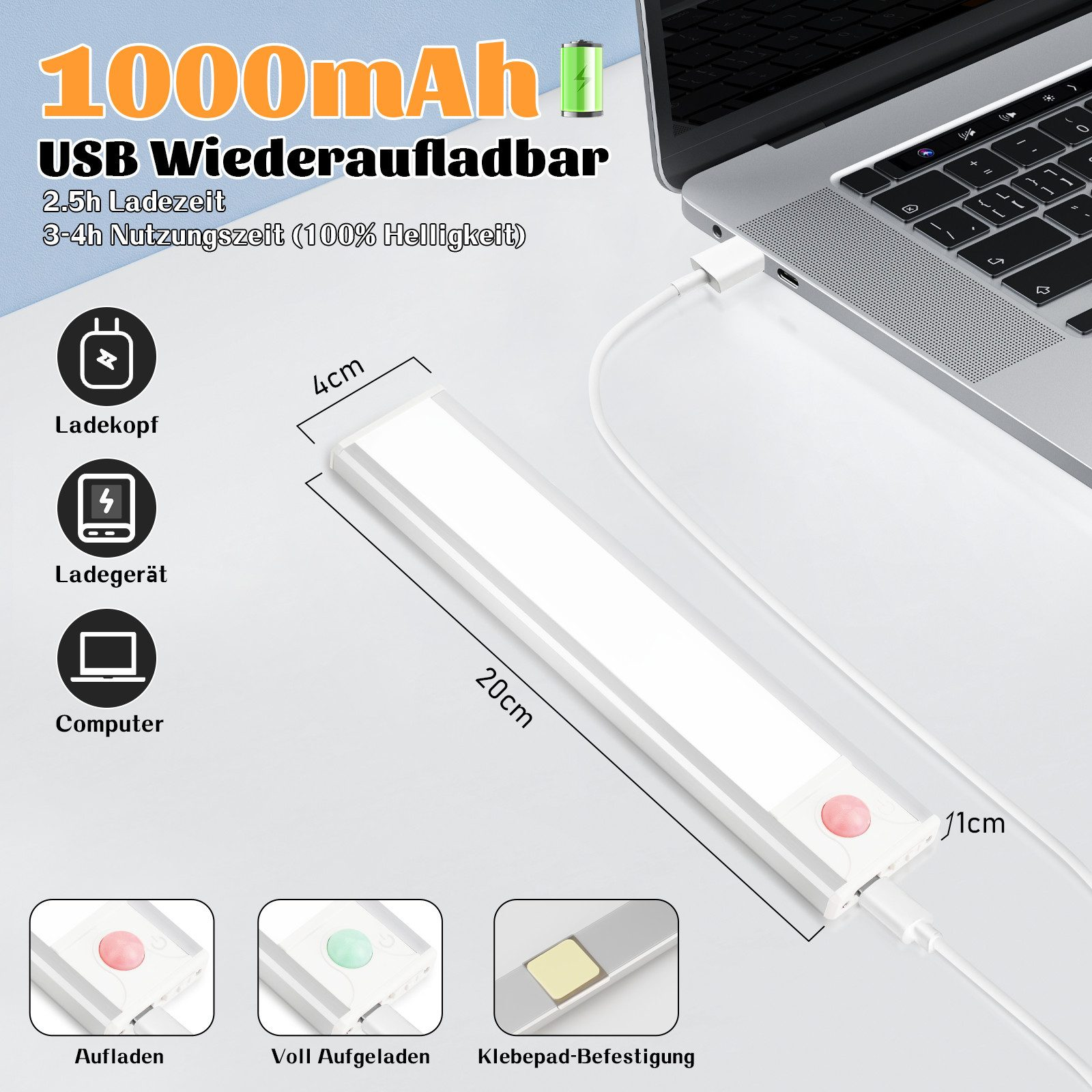 L'immagine mostra una barra luminosa ricaricabile USB accanto a un laptop, con icone di ricarica e dimensioni.