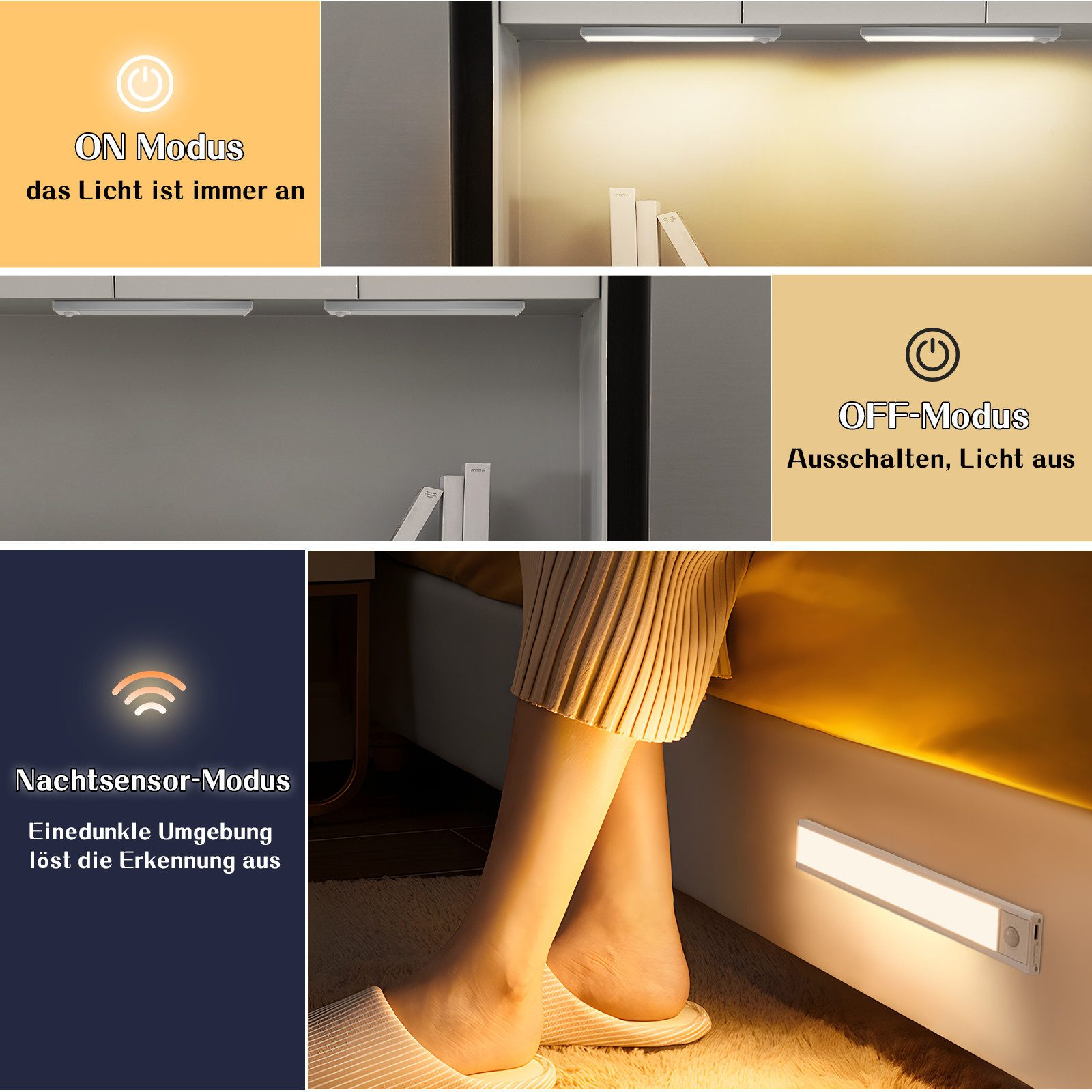 Il collage mostra una barra luminosa a LED in modalità ON, OFF e sensore notturno, in diverse ambientazioni interne.