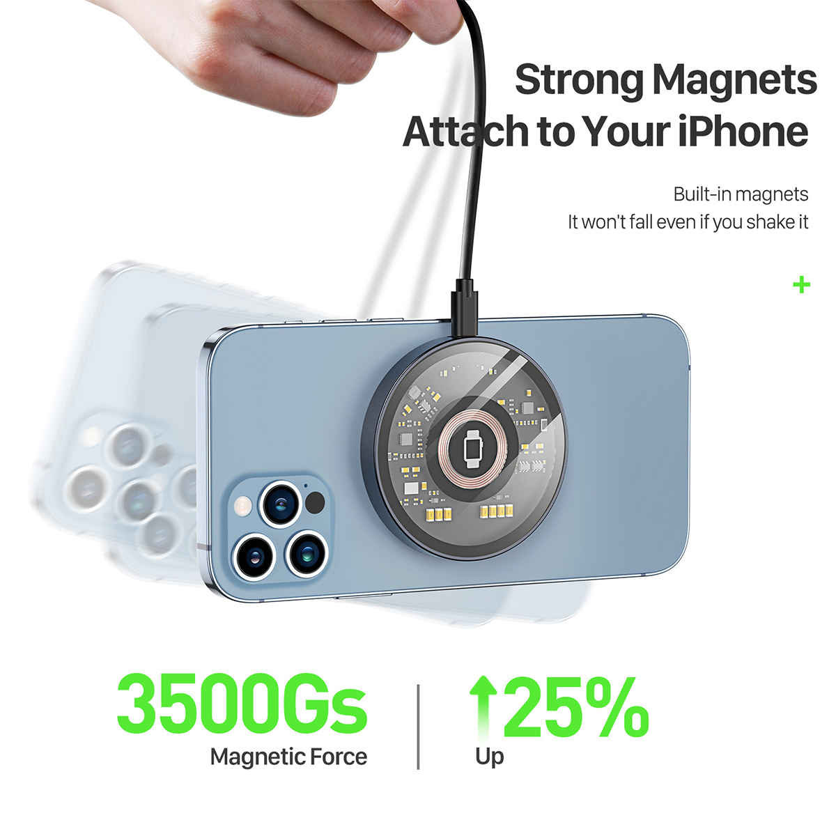 Ein kabelloses Ladegerät wird magnetisch an der Rückseite eines hellblauen Smartphones befestigt, wobei Produktdetails hervorgehoben werden.