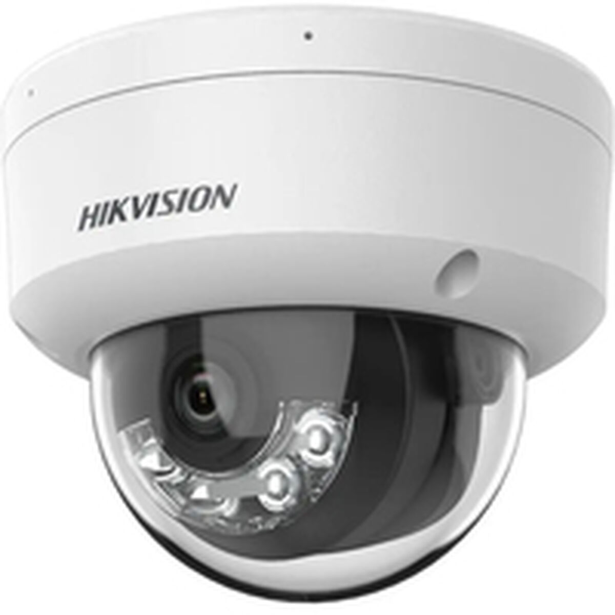 Kamera bezpieczeństwa Hikvision typu dome jest biała z przezroczystą kopułą, która pokazuje obiektyw i diody LED.