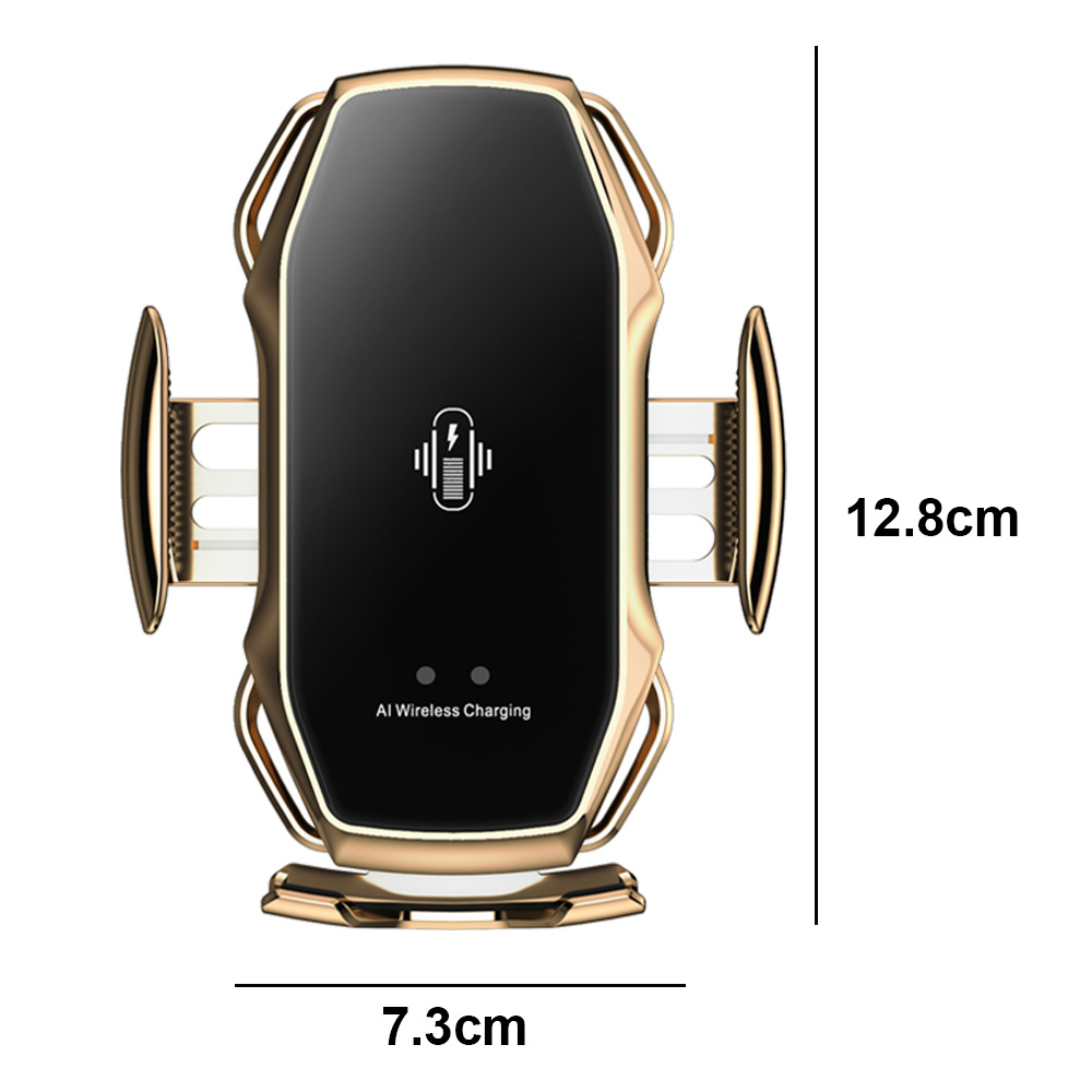 Eine goldene Autotelefonhalterung verfügt über ein schwarzes Ladepad mit einer KI-Drahtlosladeanzeige.