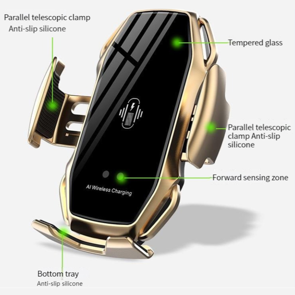 Eine goldene Autotelefonhalterung verfügt über ein schwarzes Ladepad mit einer KI-Drahtlosladeanzeige.