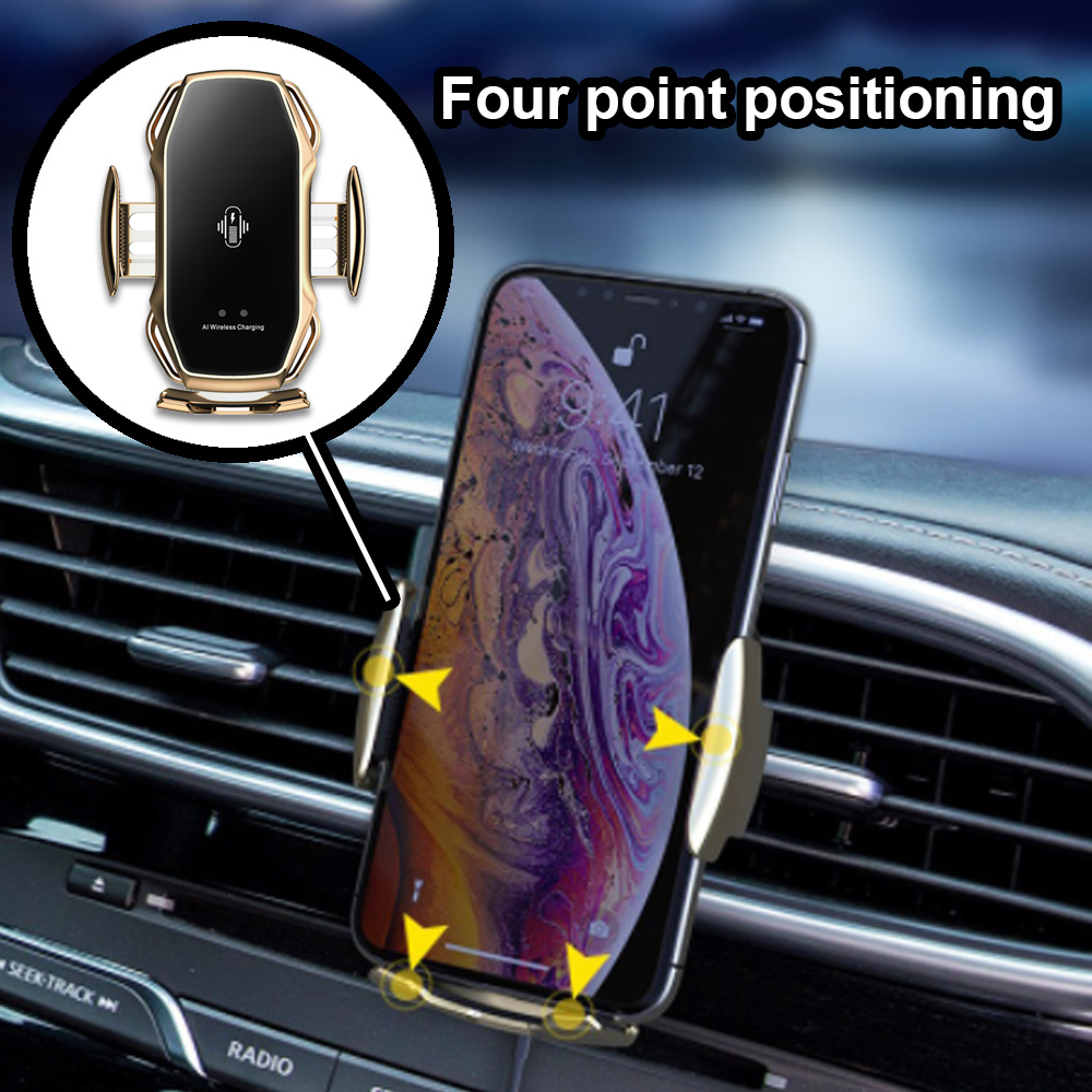 Ein goldener Autotelefonhalter hält ein Telefon in einem Auto und zeigt eine Vierpunktpositionierung an.
