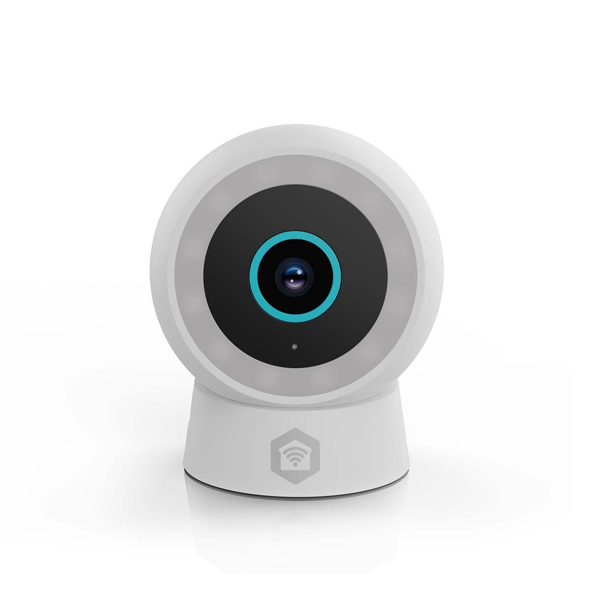 Een witte beveiligingscamera met een zwarte lens en blauwe ring is gecentreerd op een witte achtergrond. De camera staat op een ronde voet.