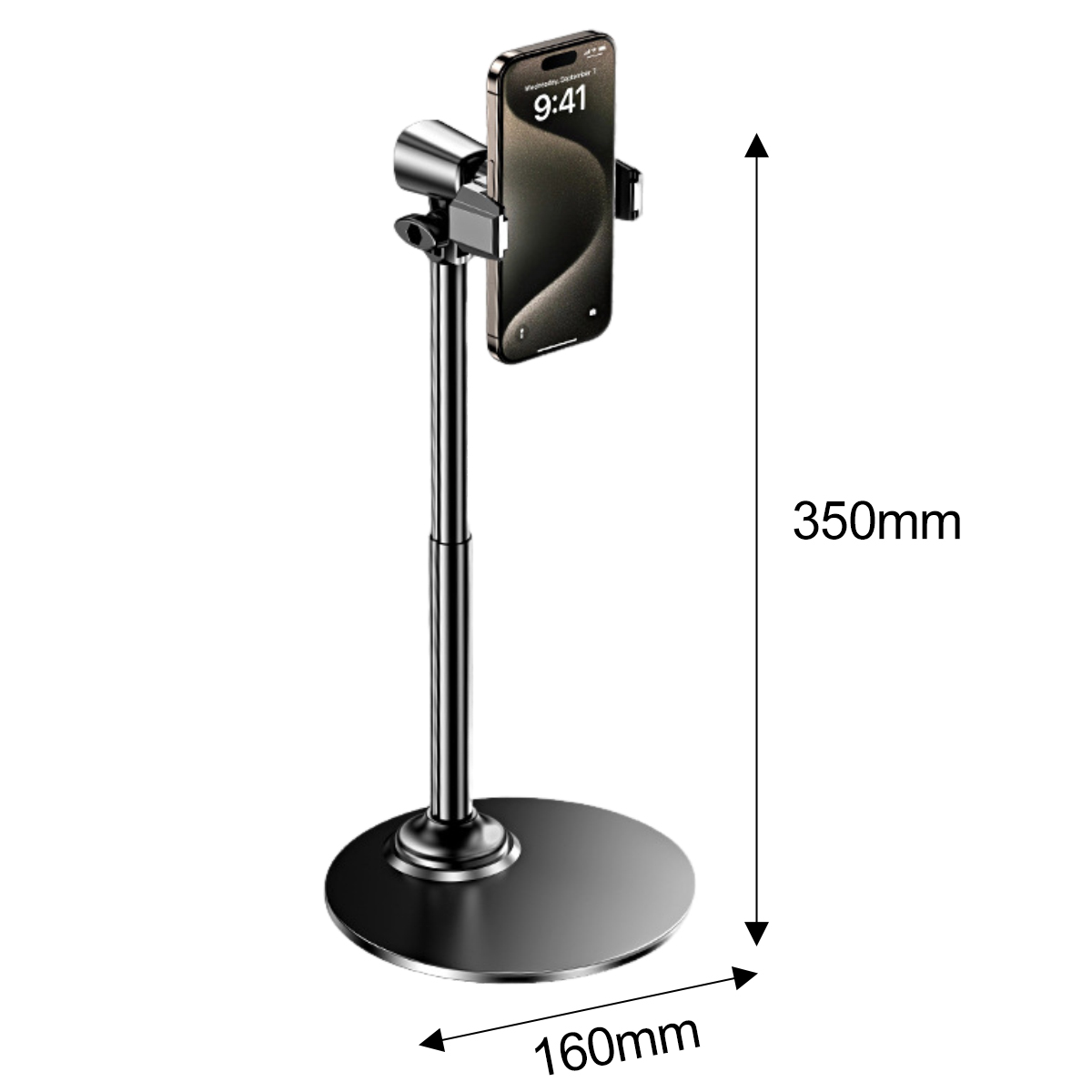 Ein schwarzer Telefonständer mit Telefon wird vor einem weißen Hintergrund gezeigt. Die Abmessungen zeigen eine Höhe von 350 mm und eine Basis von 160 mm.