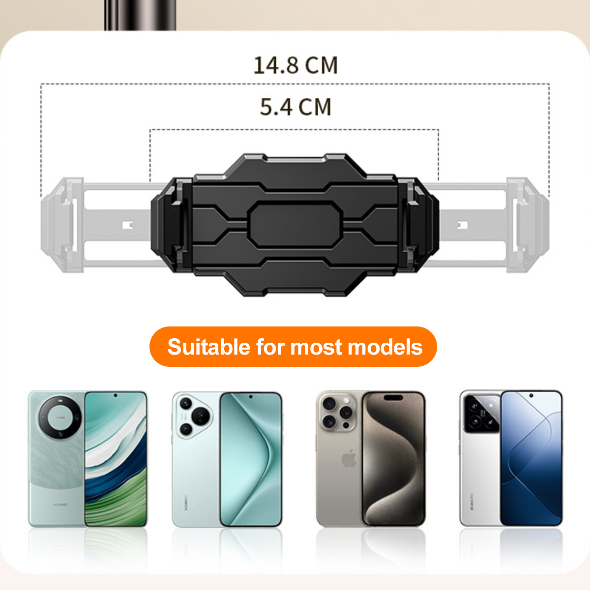 Schwarze Telefonhalterung mit Größenangaben und vier Telefonmodellen unten auf weißem Hintergrund.