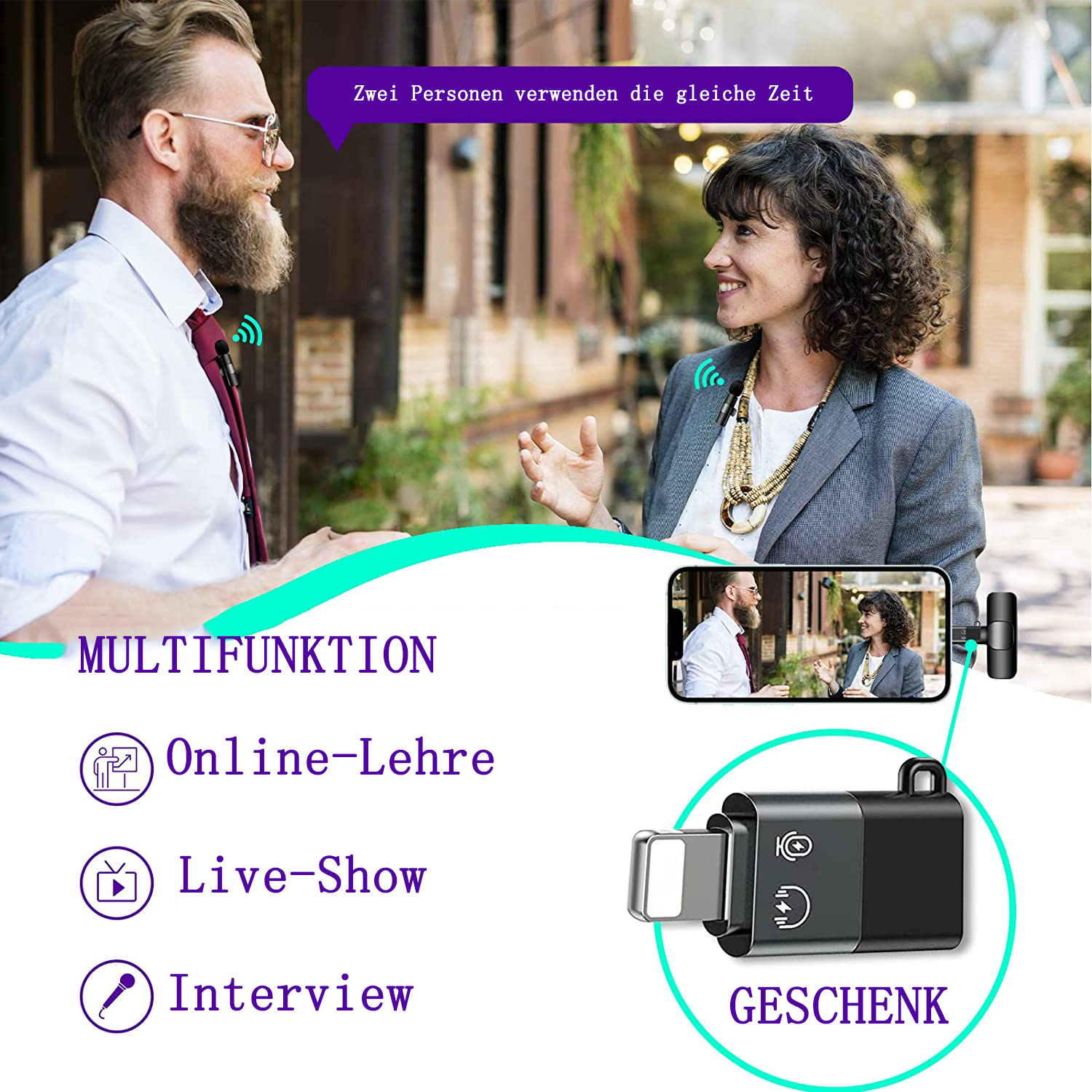 Ein Mann und eine Frau sind im Hintergrund, und ein Telefon und ein Mikrofon sind im Vordergrund.
