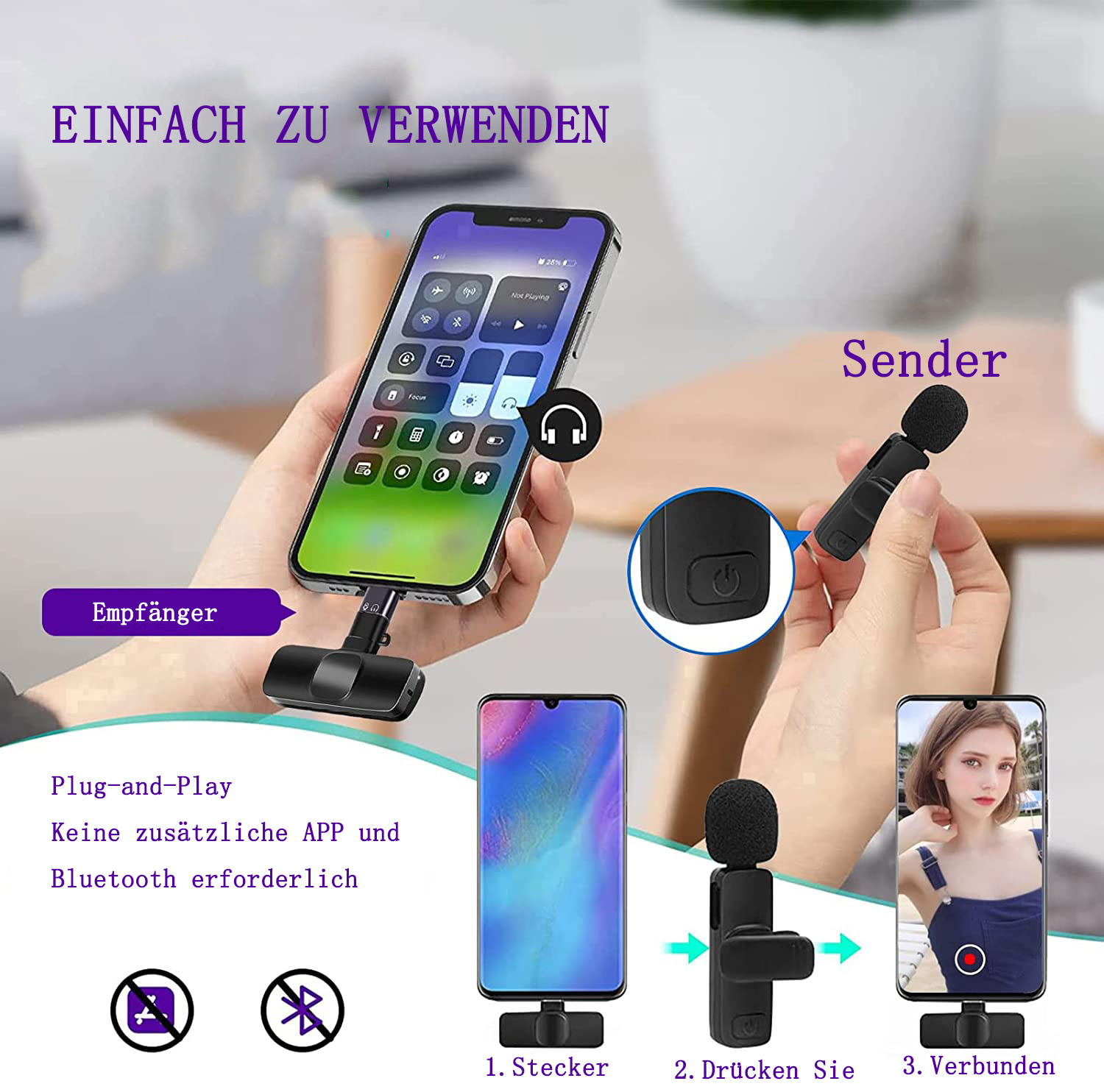 Eine Hand hält ein Handy mit einem angeschlossenen Mikrofon. Der Text ist auf Deutsch.