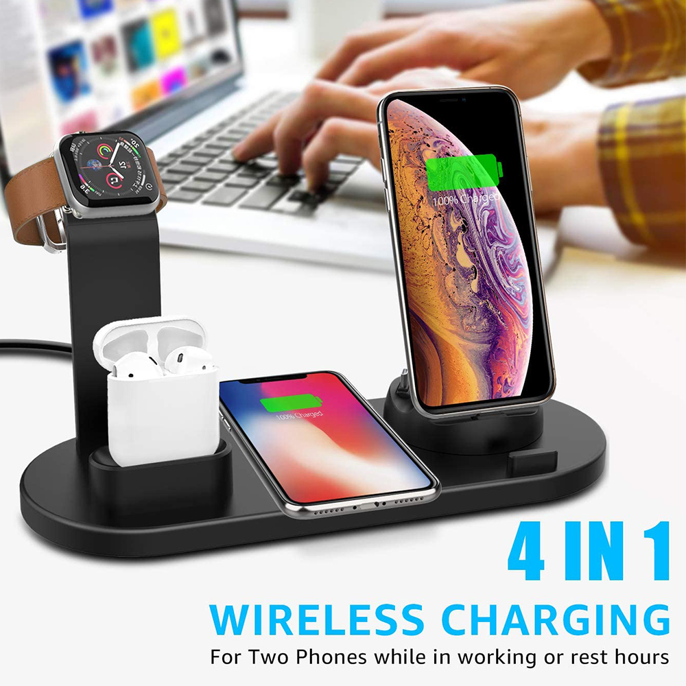 Eine 4-in-1-Wireless-Ladestation lädt zwei Telefone, eine Apple Watch und AirPods gleichzeitig auf.