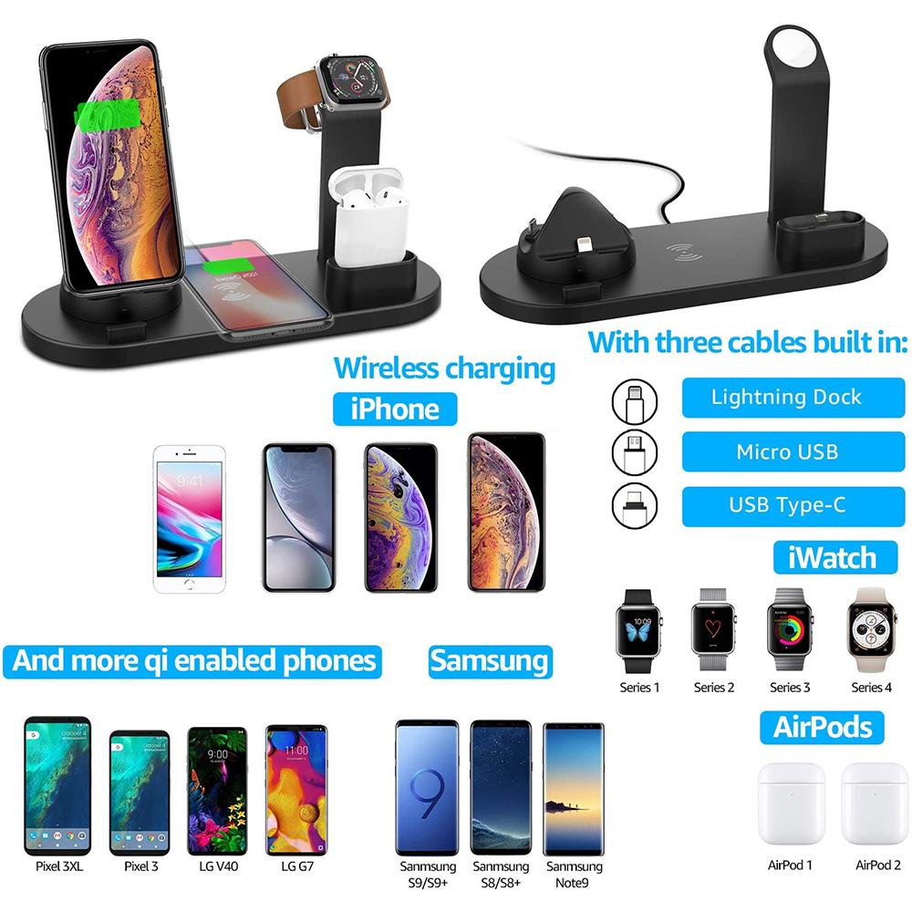 Eine kabellose Ladestation für iPhones, Samsung-Handys, Apple Watches und AirPods wird ausgestellt.