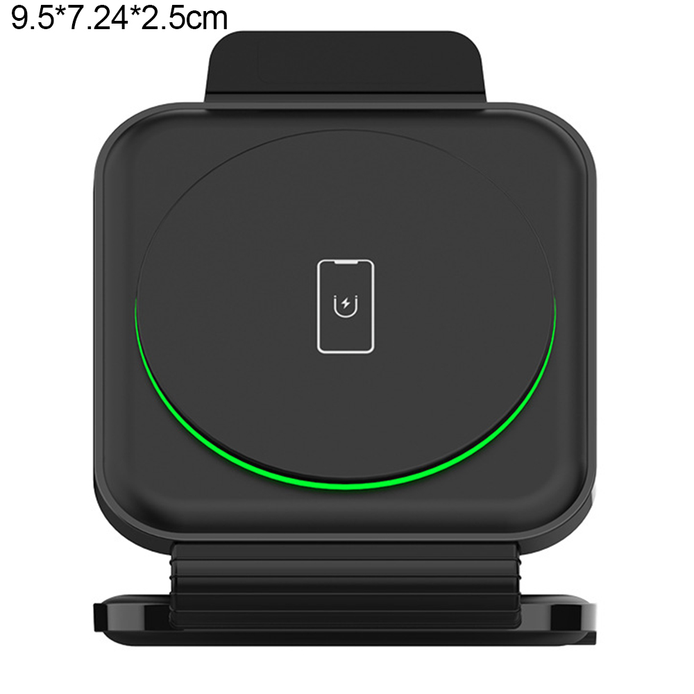 Ein schwarzes kabelloses Ladepad hat ein Telefonsymbol und eine grüne Ladeanzeige. Produktabmessungen sind sichtbar.