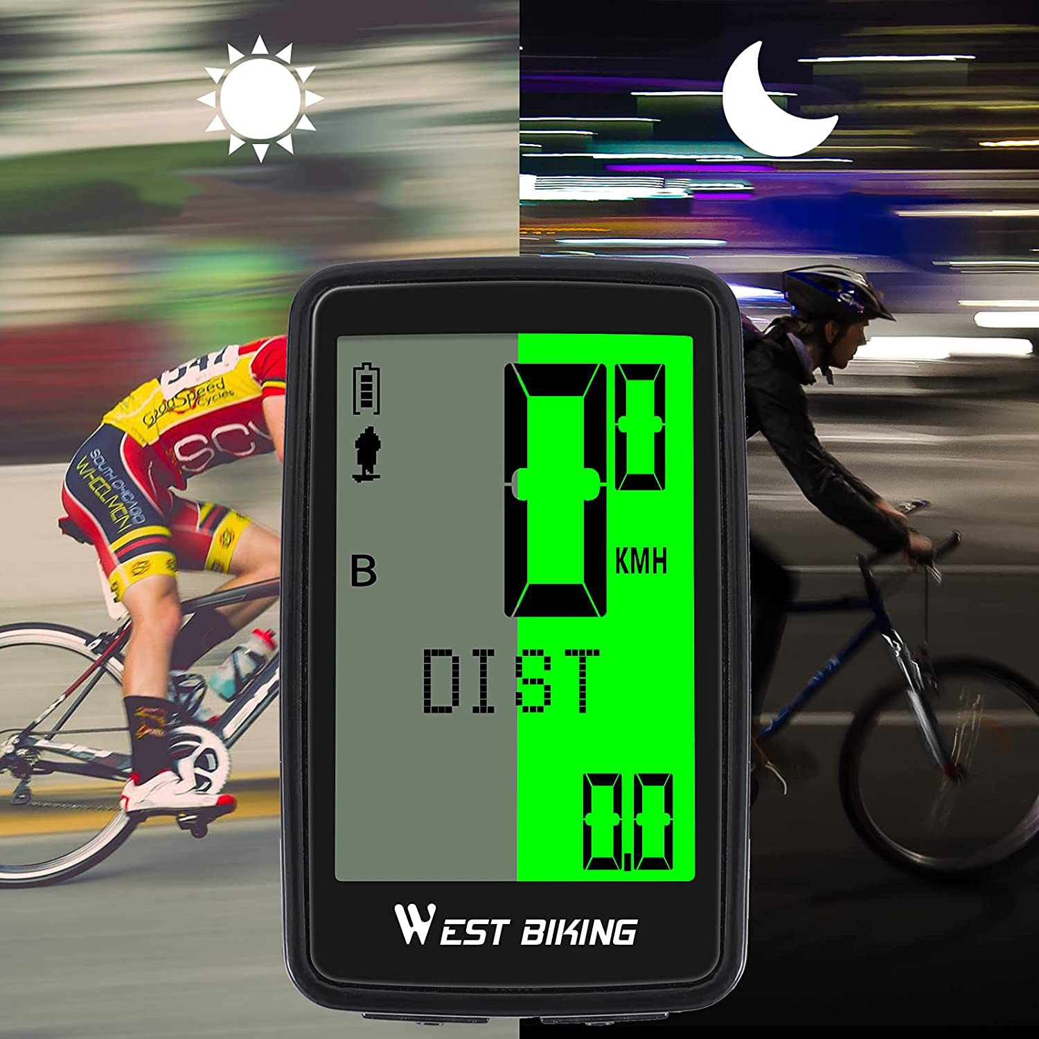 Ein Fahrradcomputerbildschirm, der 0,0 kmh und die Worte West Biking anzeigt. Im Hintergrund ein Radfahrer.