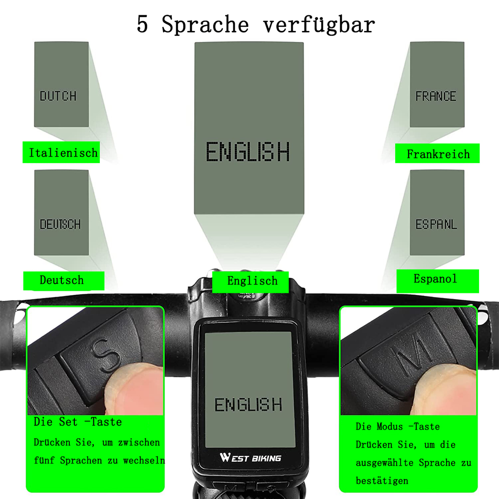Ein Fahrradcomputer, der das Wort Englisch anzeigt. Im Hintergrund sind weitere Sprachen aufgeführt.