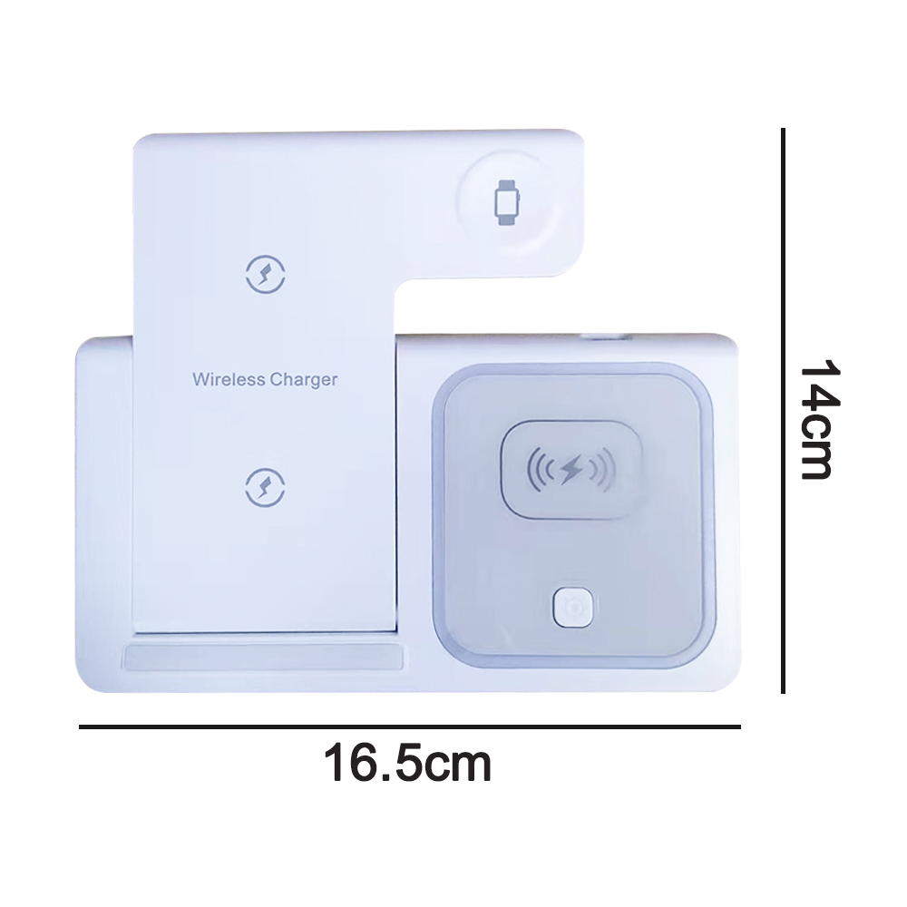 Ein weißes kabelloses Ladegerät mit den markierten Abmessungen von 14 cm und 16,5 cm.
