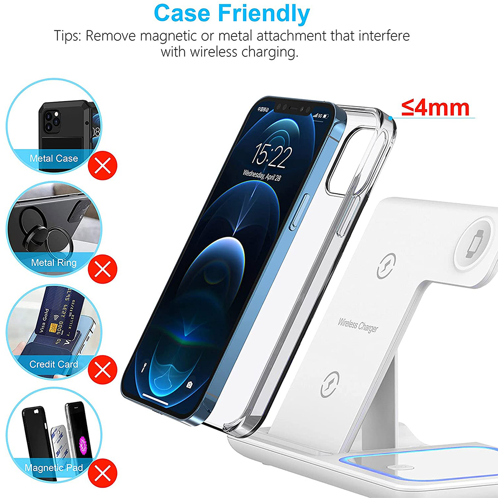 Ein Telefon mit einer durchsichtigen Hülle auf einem kabellosen Ladeständer, mit Diagrammen, die angeben, was beim Laden zu vermeiden ist.